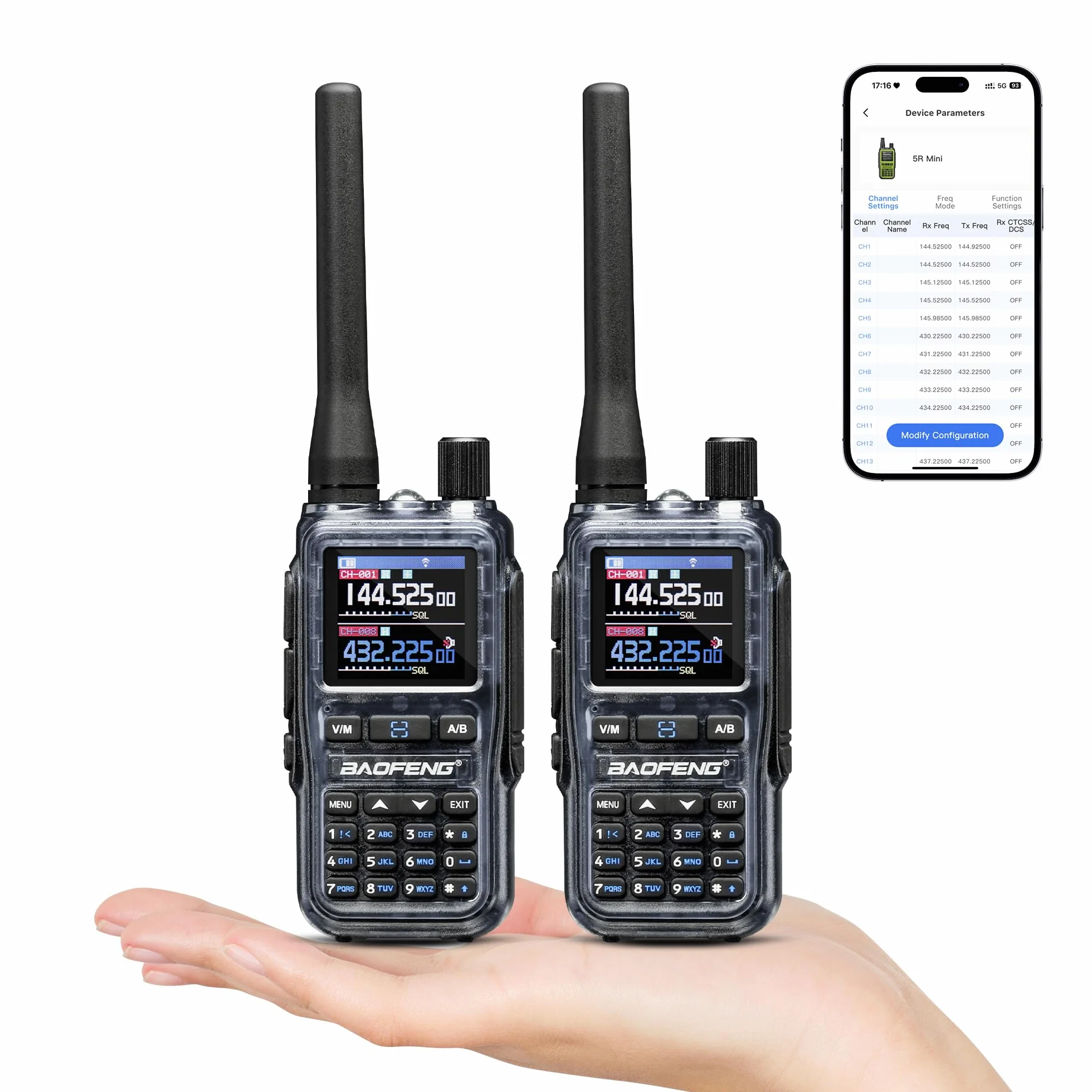 BAOFENG GT-5R Mini 5W dwupasmowe radio przenośne, Krótkofalówka UHF VHF, Programowanie aplikacji bezprzewodowych, podwójny PTT, Ladowanie przez USB-C, 999 kanałów, Szary(2 sztuki)