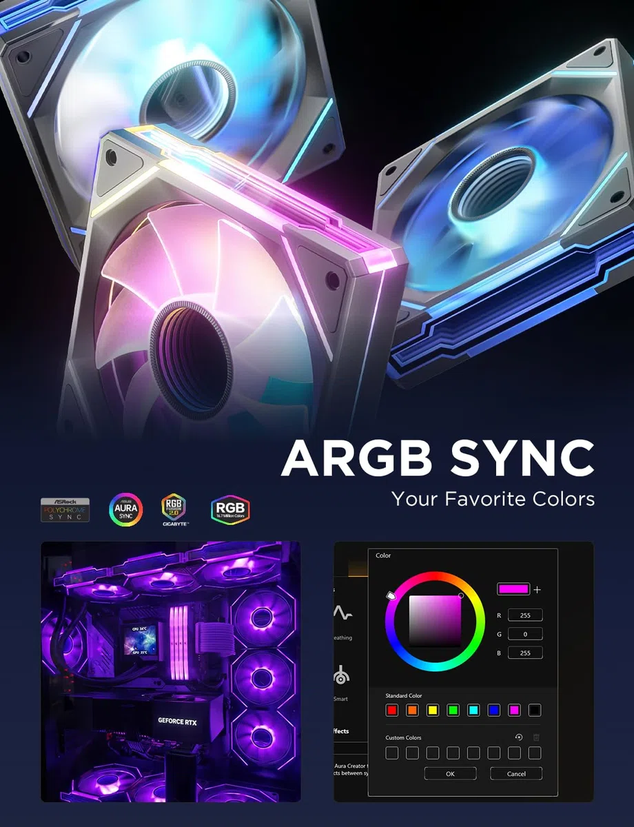 AsiaHorse Wentylator RGB PC 120 mm Reverse Blade wentylator obudowy 3 sztuki [Infinity Mirror] [HDB] 1800 RPM 5 V3PIN ARGB i wentylator 12 V 4-pinowy PWM, żywotność 50 000 godzin, kolor czarny