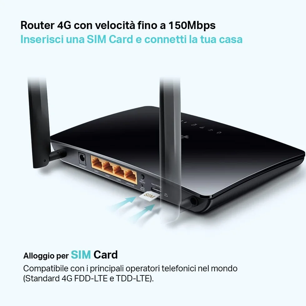 TP-Link TL-MR6400, Router 4G LTE z Gniazdem na Kartę SIM, Prędkość do 300 Mb/s (WiFi) i 150 Mb/s (LTE), Plug and Play, 2x Anteny Zewnętrzne, 4x Porty LAN/WAN, Kolor: Czarny
