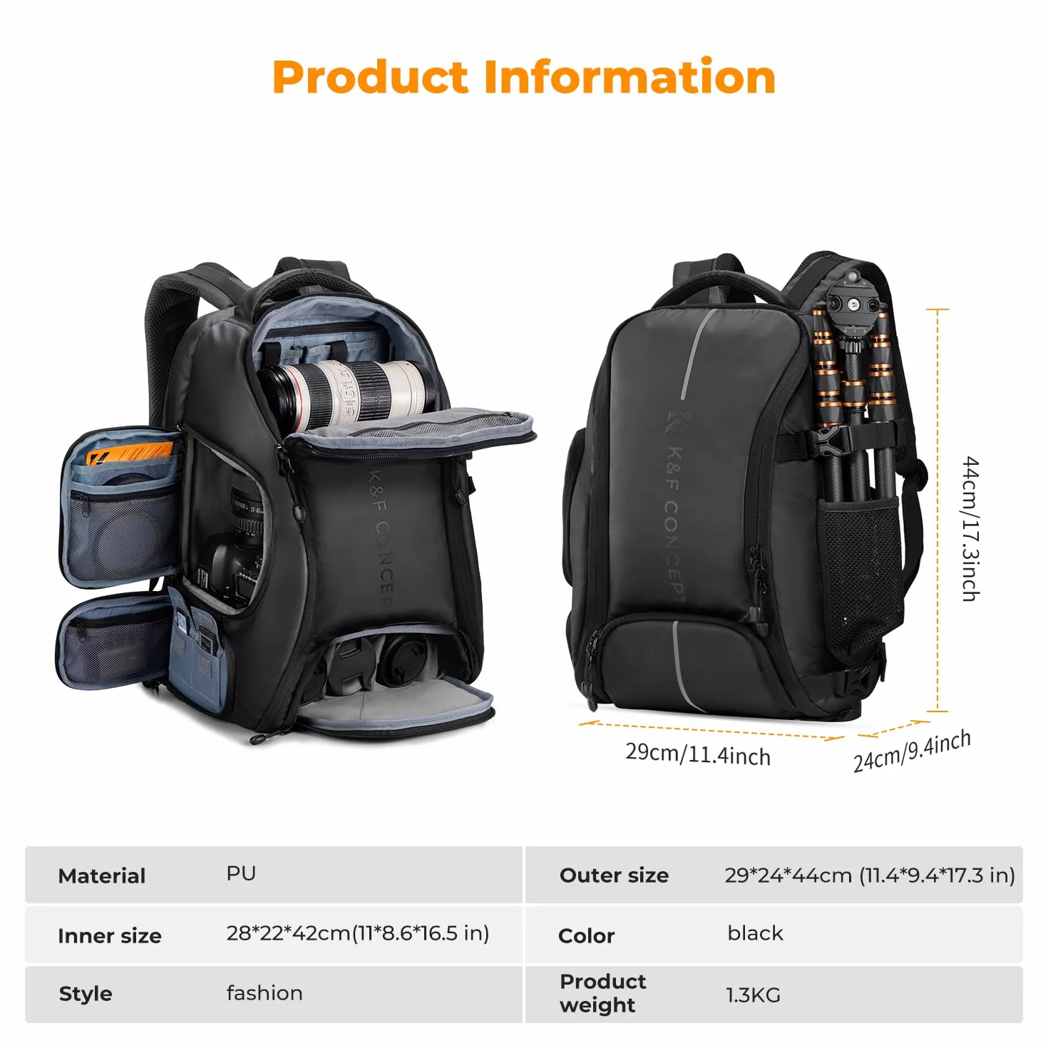 K&F CONCEPT Plecak na aparat 25L czarny z osłoną przeciwdeszczową