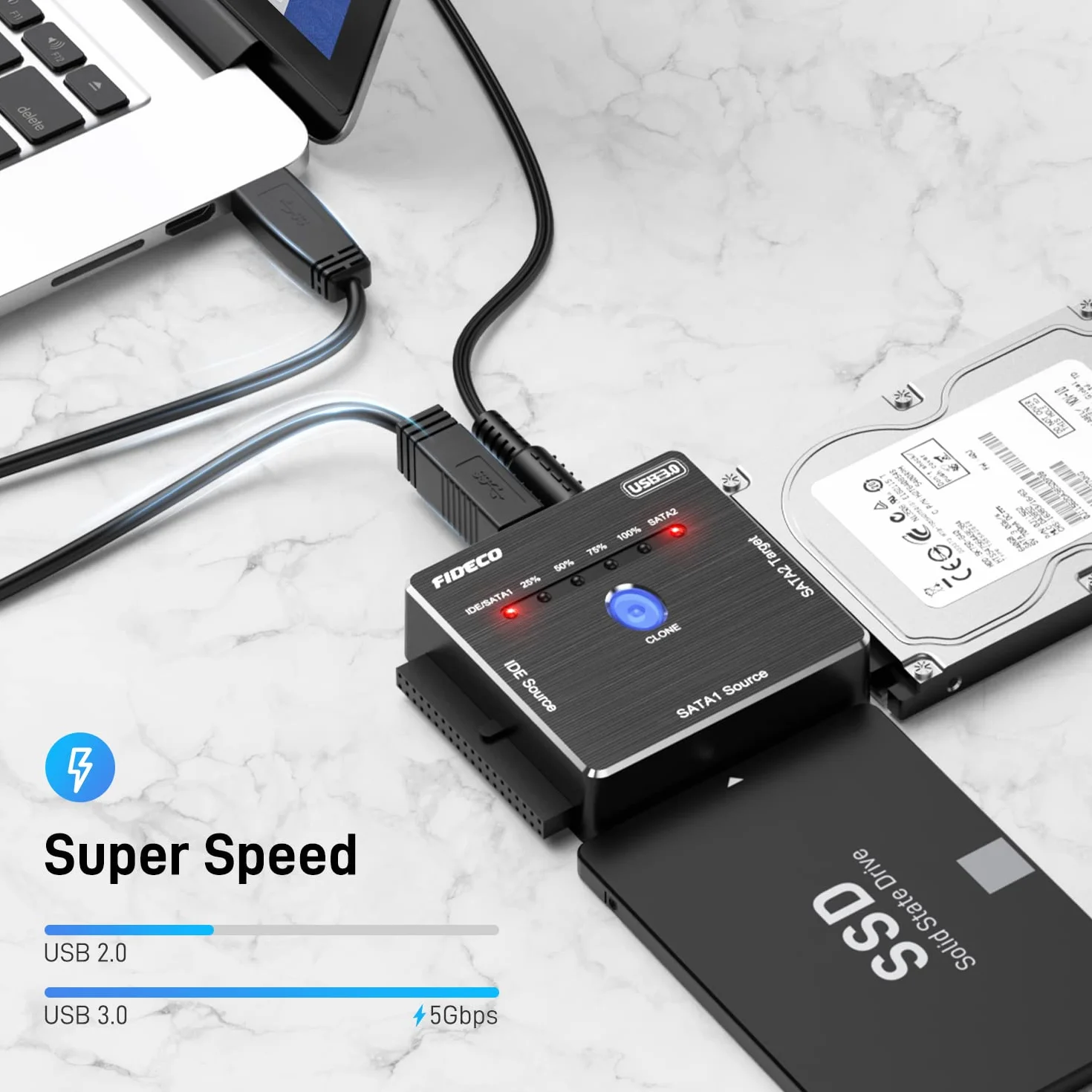 FIDECO Adapter USB 3.0 Na SATA i IDE, Konwerter Dysków Twardych Do 2,5 i 3,5 Cala HDD SSD, Zewnętrzny Adapter Z Zasilaczem 12 V, Bez Kierowcy (Klonowalny)