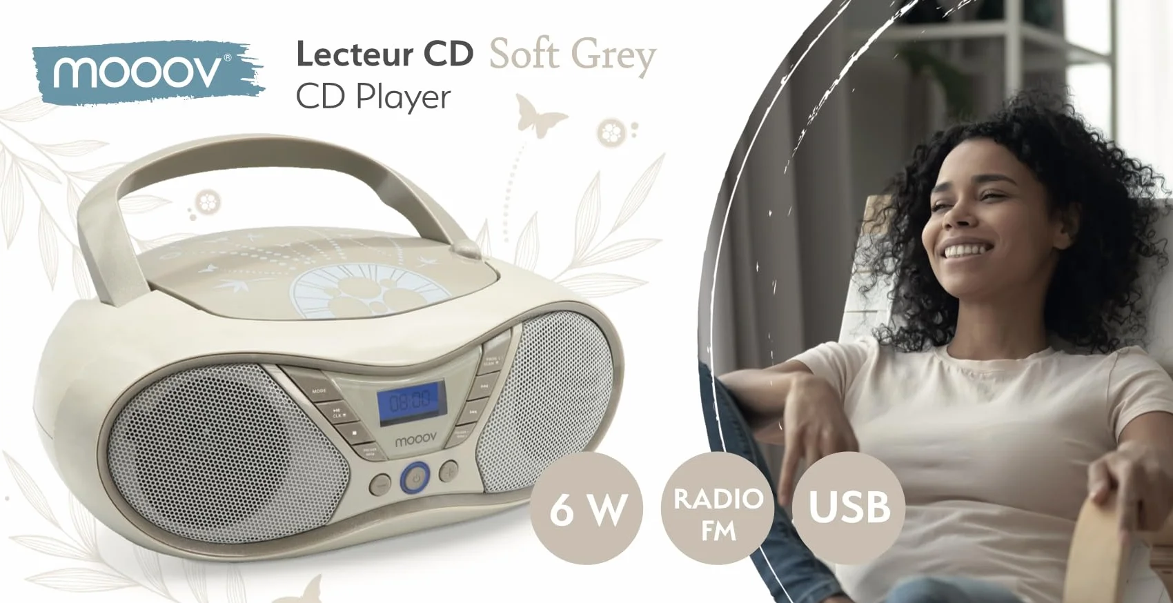 MOOOV Soft Grey przenośny odtwarzacz CD CD-R CD-RW CD-MP3 radio FM port USB dźwięk stereo 6W