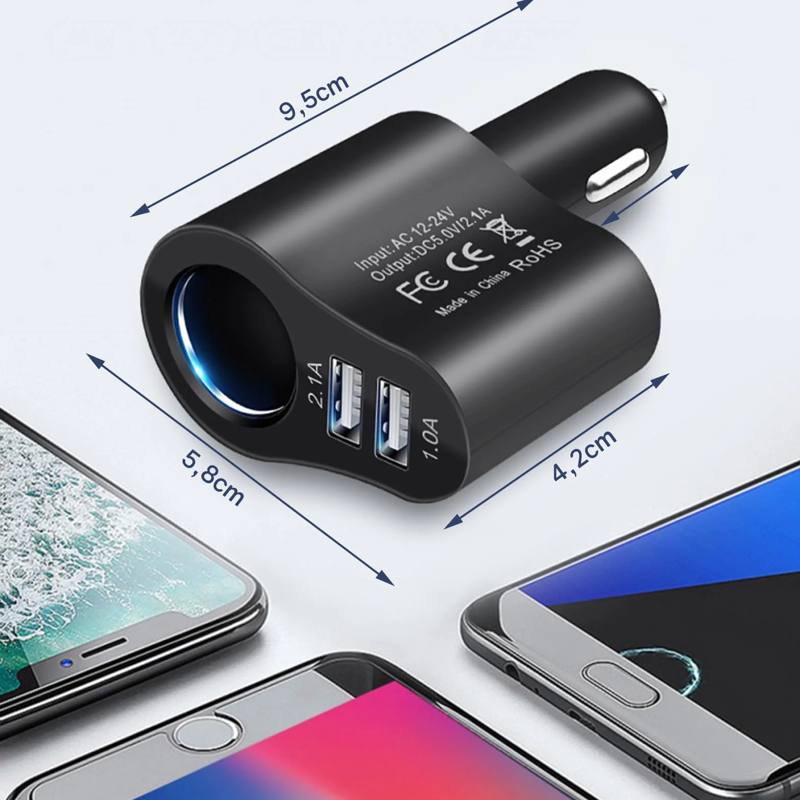 Powice Adapter do gniazda zapalniczki samochodowej 3 w 1, rozdzielacz USB, 12 V, ładowarka samochodowa, rozdzielacz zapalniczki samochodowej 12 V/24 V DC 120 W z podwójnym portem USB do 16 15 14 13 12