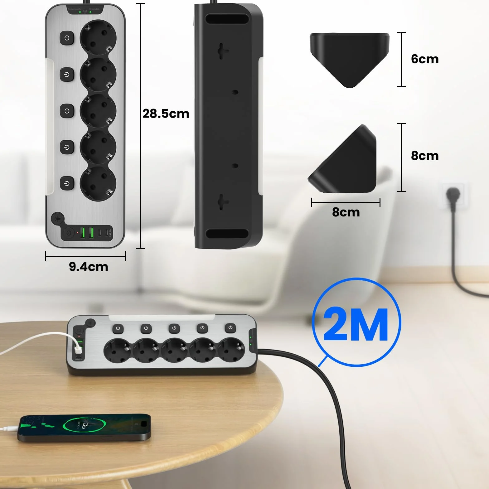 Listwa Zasilająca Przeciwprzepięciowa Gniazdo Narożne Stal Nierdzewna USB C 5 Gniazd Schuko Kabel 2M Czarna