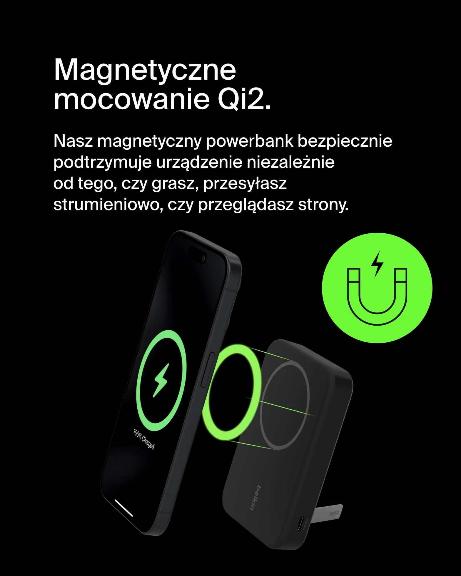 Belkin Bezprzewodowy powerbank BoostCharge Pro 8000 mAh z Qi2, ładowarka zgodna z MagSafe + rozkładana podstawka – do telefonów iPhone 16, 16 Plus, 16 Pro, 16 Pro Max, iPhone 15 i innych – czarny, 8K