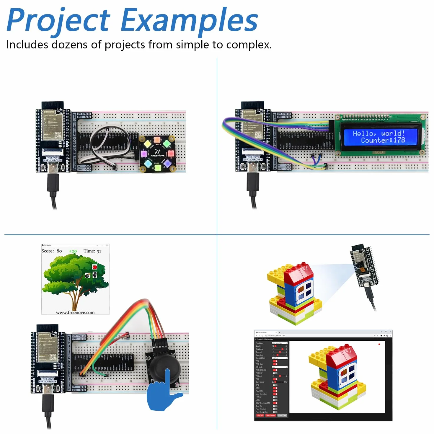 Freenove ESP32 Kit Dev CAM Board Ultimate Starter Kit, Dwurdzeniowy 32-Bitowy Mikrokontroler 240 MHz, Kamera WiFi+BT, 795-Stronicowy Poradnik, Kod Java Python C, 122 Projekty, 240 Przedmiotów