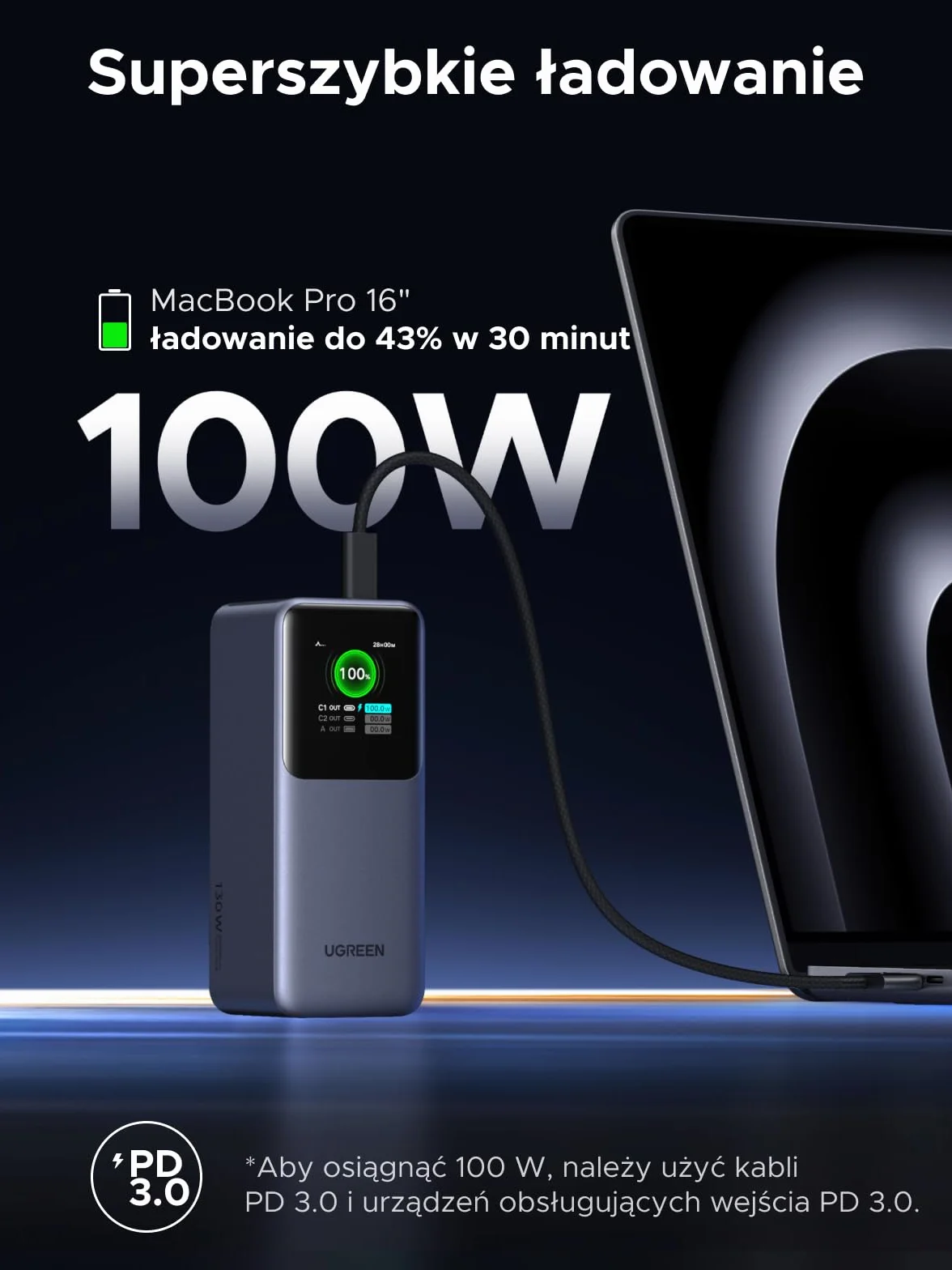 UGREEN Nexode 130W Power Bank, 20000mAh Powerbank z 3 portami, zewnętrzny akumulator z wyświetlaczem cyfrowym, kompatybilny z iPhone 16/15/14 Pro Max, Galaxy S24 Ultra, Macbook Pro, Dell i innymi