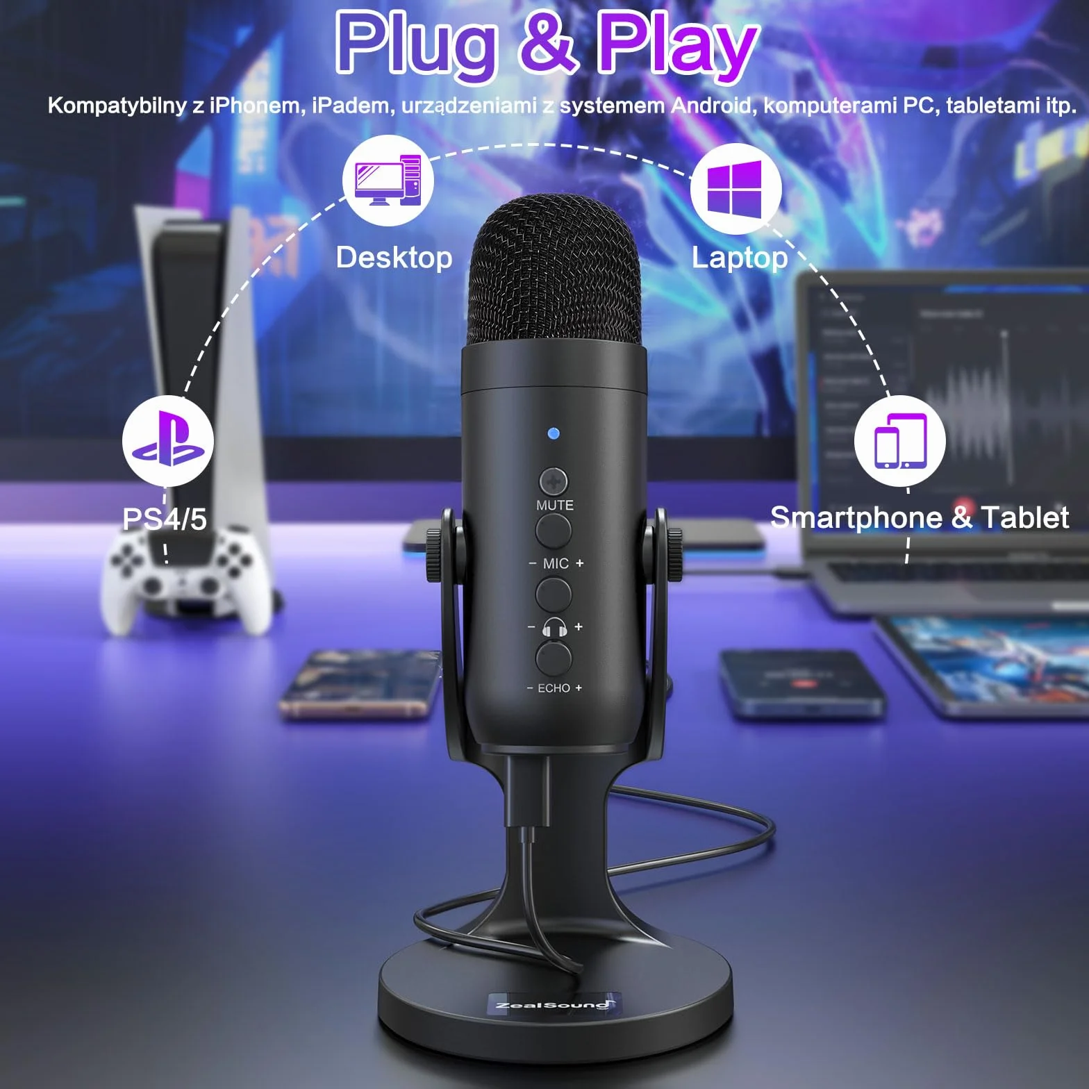 ZealSound Mikrofon USB pojemnościowy K66 do komputera PC PS5 Mac, wyciszenie i echo, regulacja głośności