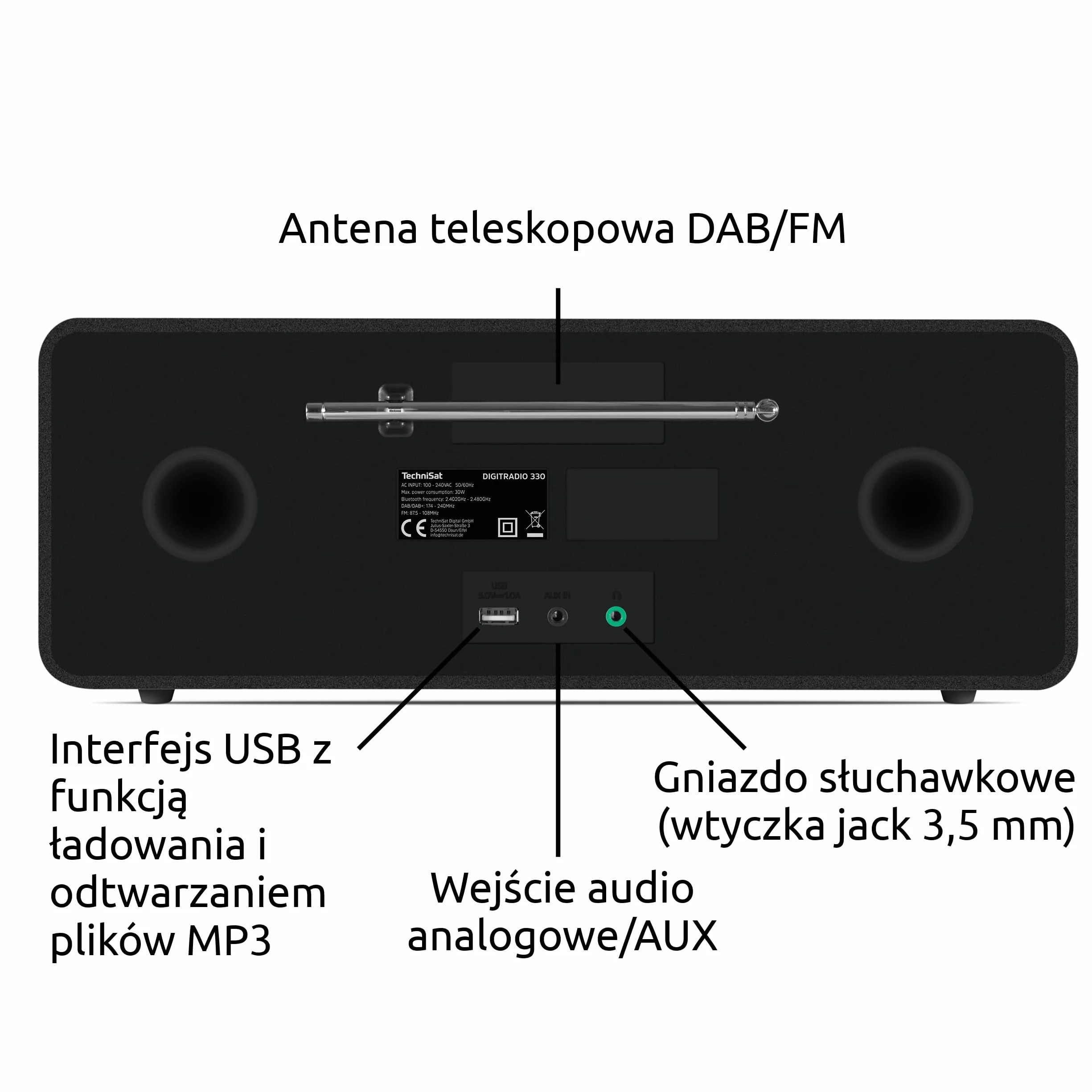 TechniSat DIGITRADIO 330 – radio stereo DAB+ FM z odtwarzaczem CD (Bluetooth 5.3, odtwarzanie MP3 z USB i funkcja ładowania, kolorowy wyświetlacz 2,4", budzik radiowy, pilot) czarne