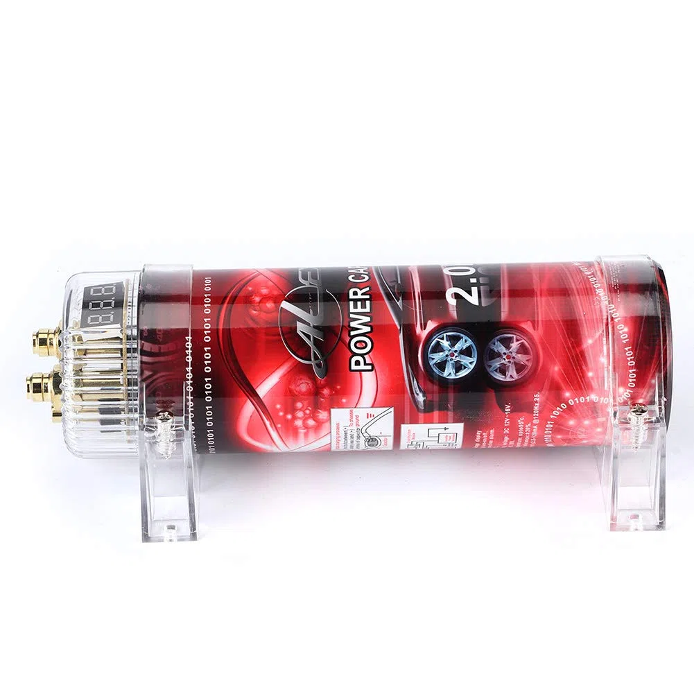 Kondensator samochodowy Audio, 2 samochodowy kondensator zasilania audio wzmacniacz napięcia czerwony LED 10-16 V DC