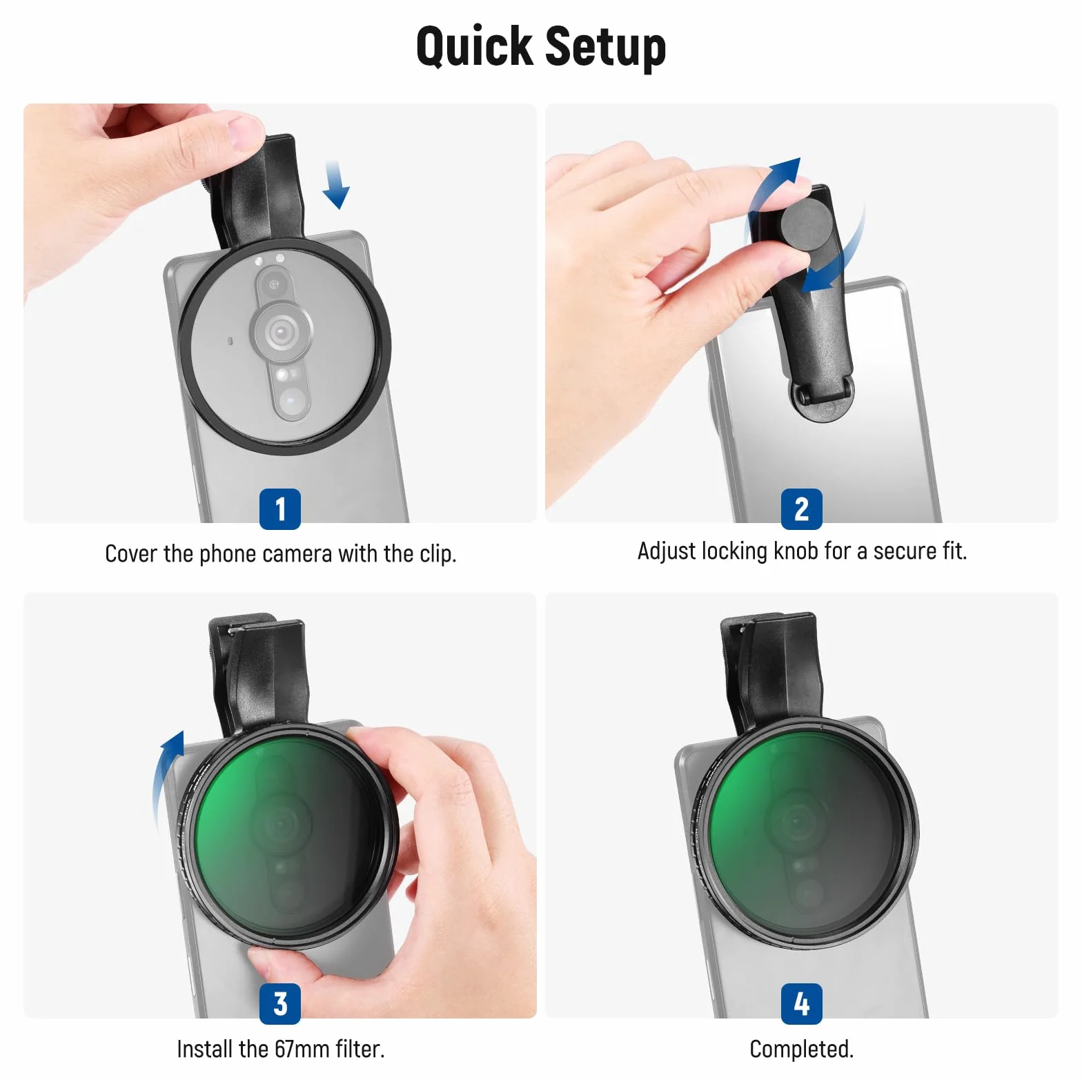 NEEWER 67 mm klips na zmienny filtr ND do telefonu, ND2-32 1-5 zatrzymuje neutralną gęstość, zestaw akcesoriów do obiektywów fotograficznych do smartfona z systemem Android, aparat kompatybilny z