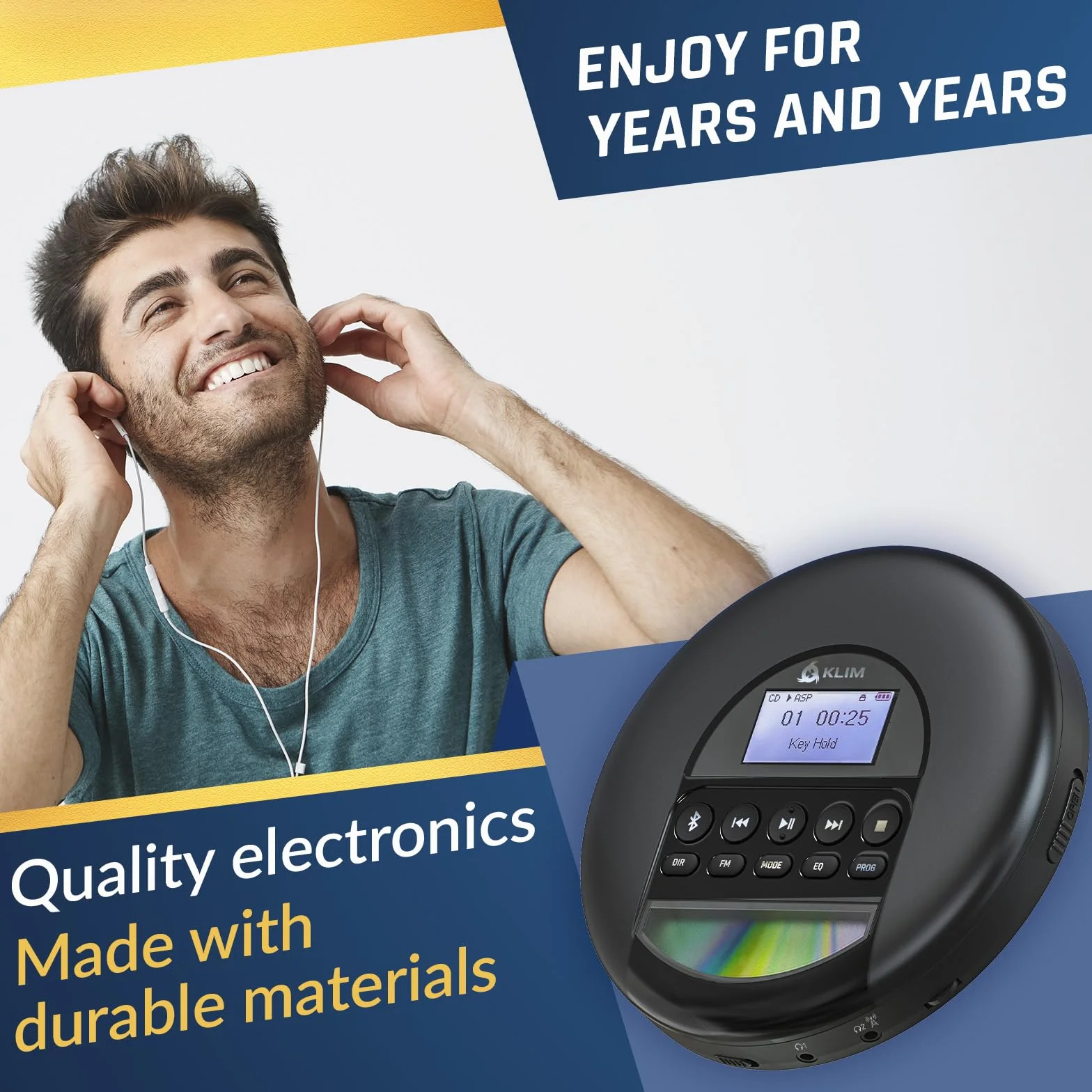 KLIM Nomad Discman przenośny odtwarzacz CD z długotrwałą baterią, ze słuchawkami, radio FM, kompatybilny odtwarzacz MP3, CD, radio FM, Bluetooth, idealny do samochodów, nowa wersja, kolor srebrny