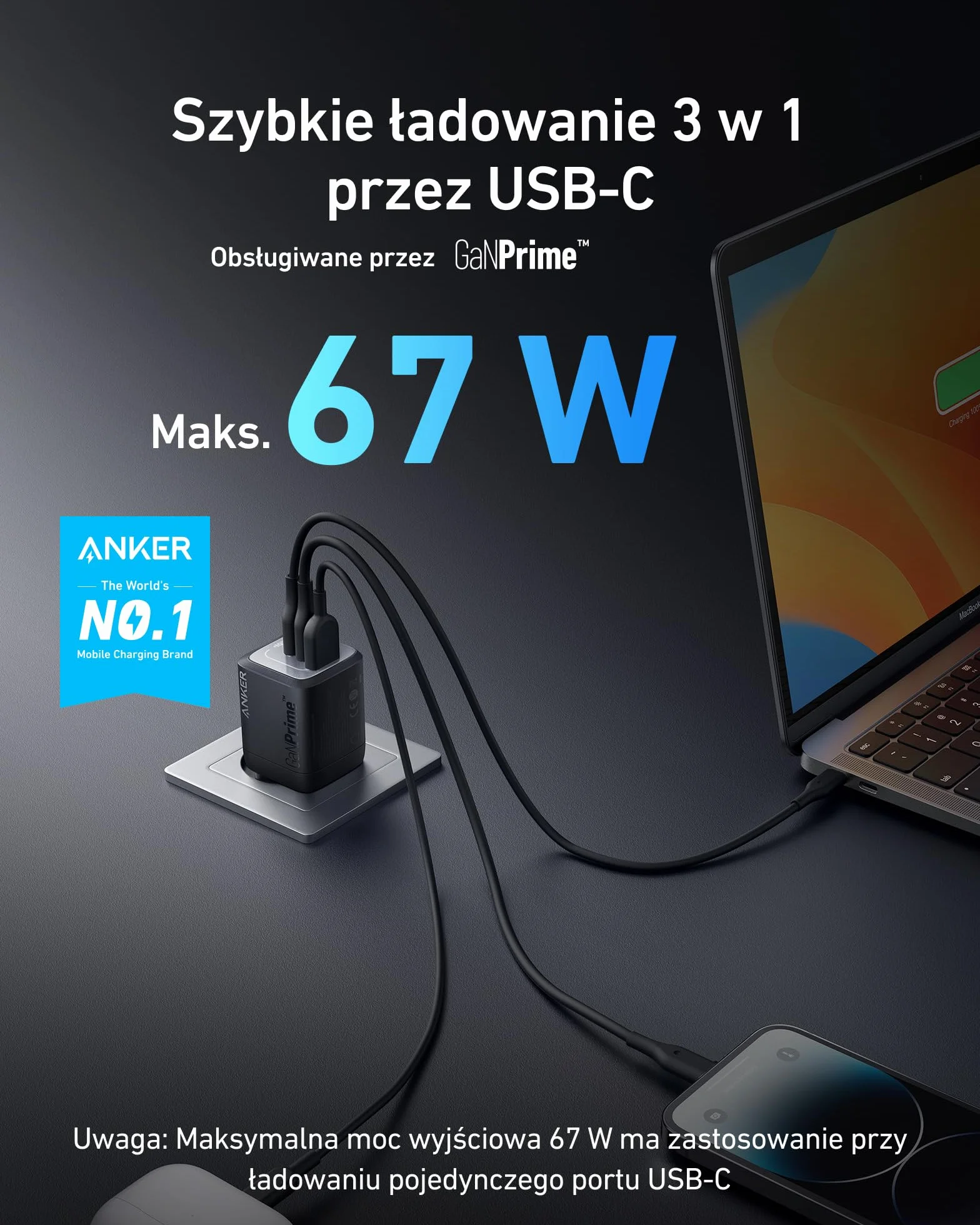 Ładowarka USB-C 67 W, Anker Prime GaN, 3-portowa szybka ładowarka, kompaktowa składana konstrukcja, kompatybilna z MacBook Pro/Air, Pixelbook, iPad Pro, iPhone 16/15/14, Galaxy S23, Note 20,