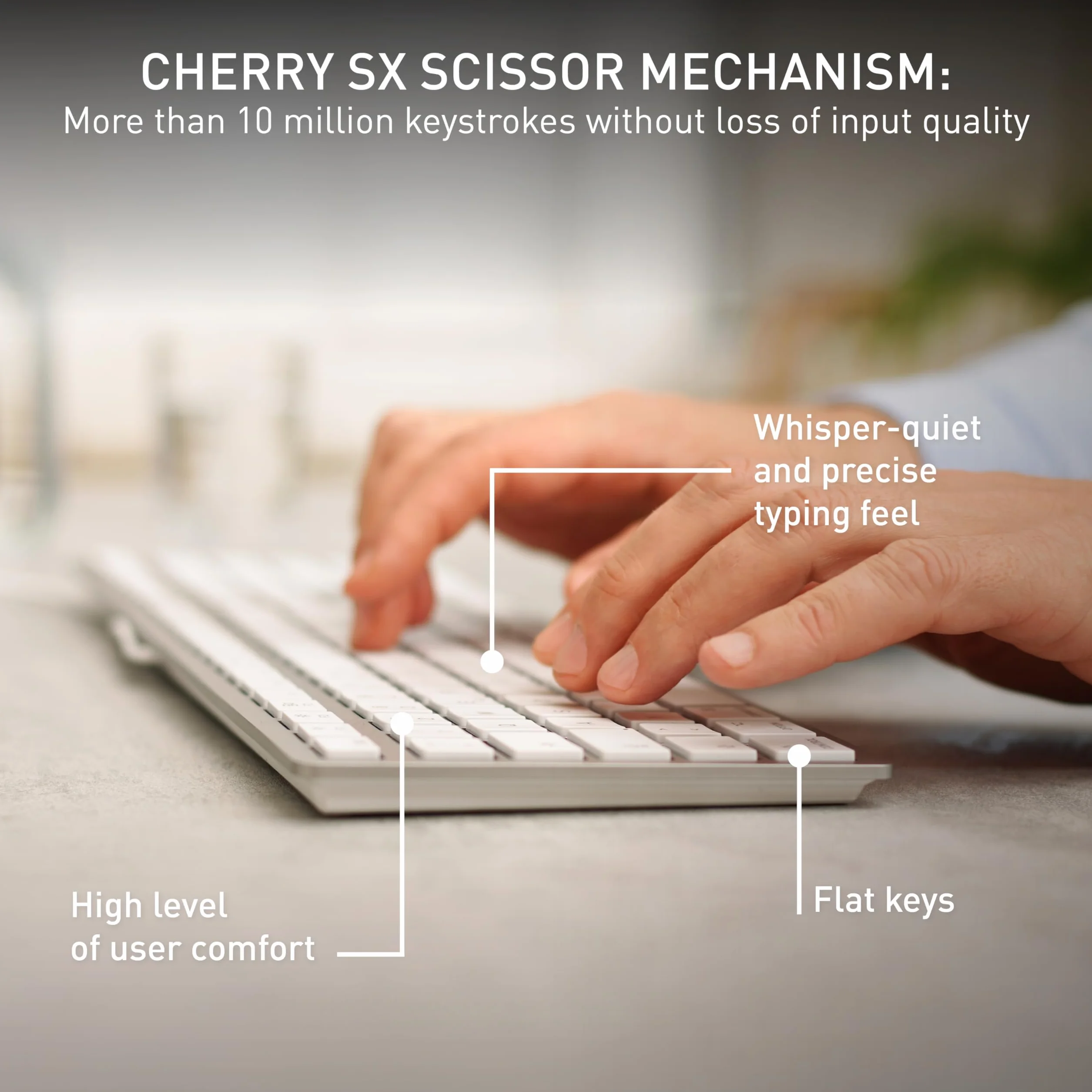 CHERRY KC 6000 SLIM FOR MAC, przewodowa klawiatura Mac (złącze USB-A), układ UK (QWERTY), ciche klawisze, płaska konstrukcja, biało-srebrna