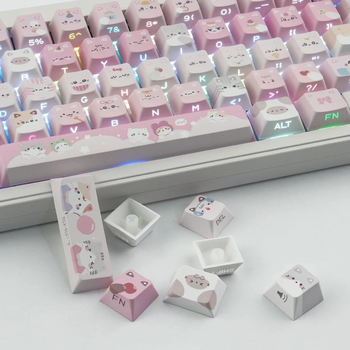 Nasadki klawiszy PBT – zestaw nasadek klawiszy z nadrukiem bocznym, 136 klawiszy Shine Through Meow Squad, niestandardowe nasadki klawiszy z motywem kota, Cherry Profile Keycap do klawiatur