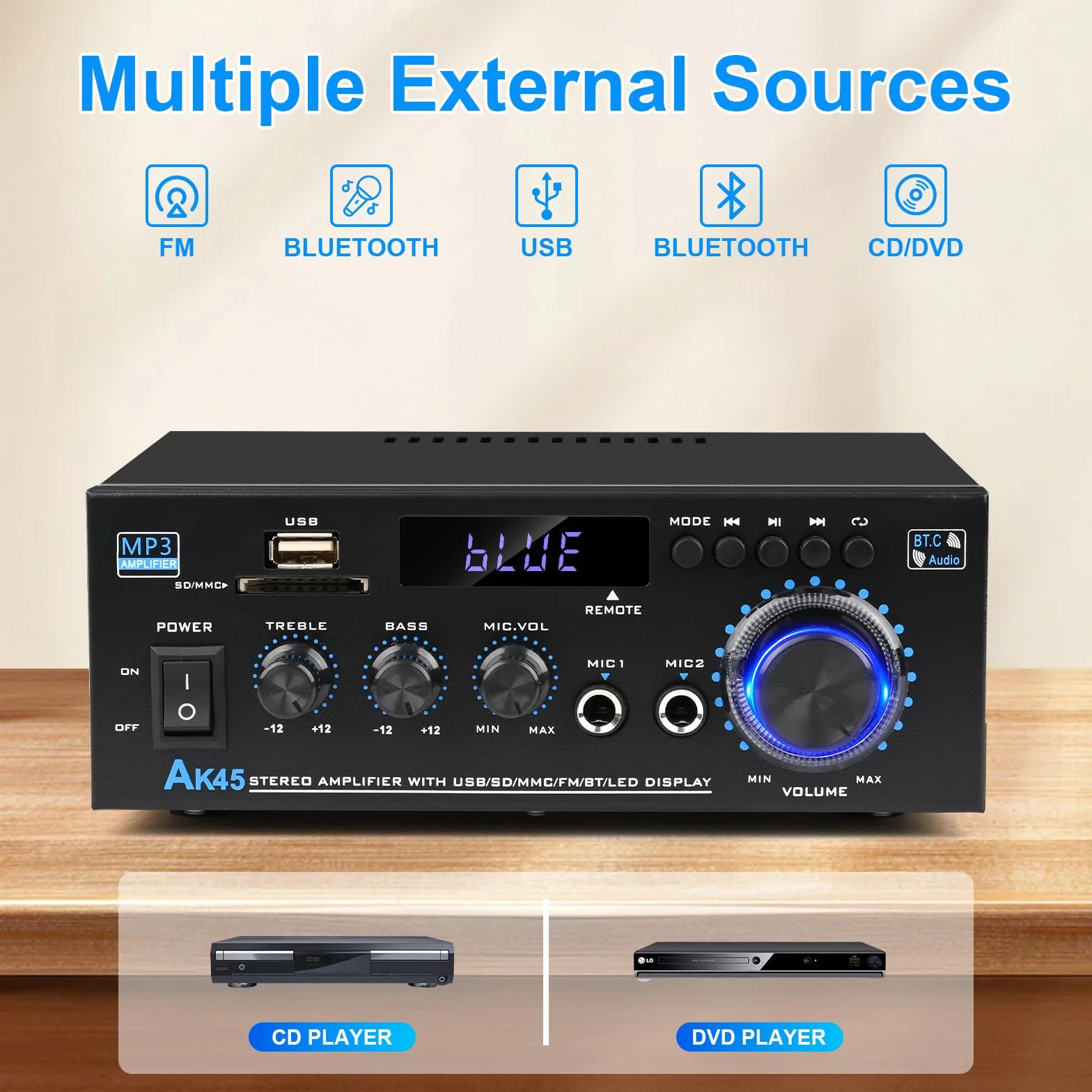 Romicta Wzmacniacz audio, wzmacniacz HiFi, wzmacniacz stereo 600 W, 2-kanałowy, Bluetooth 5.0, wyświetlacz LCD 12 V, 220 V, Hi-Fi, przenośne radio FM, karta SD Card/USB, do domu lub samochodu
