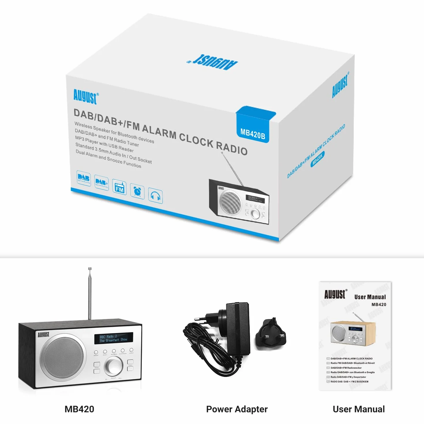 August MB420 Radio DAB+/FM z Bluetooth cyfrowe radio kuchenne z drewnianą obudową z funkcją RDS, 60 ustawień Hifi Bluetooth 5 W – budzik radiowy z funkcją drzemki – USB/Aux-In/Aux-Out