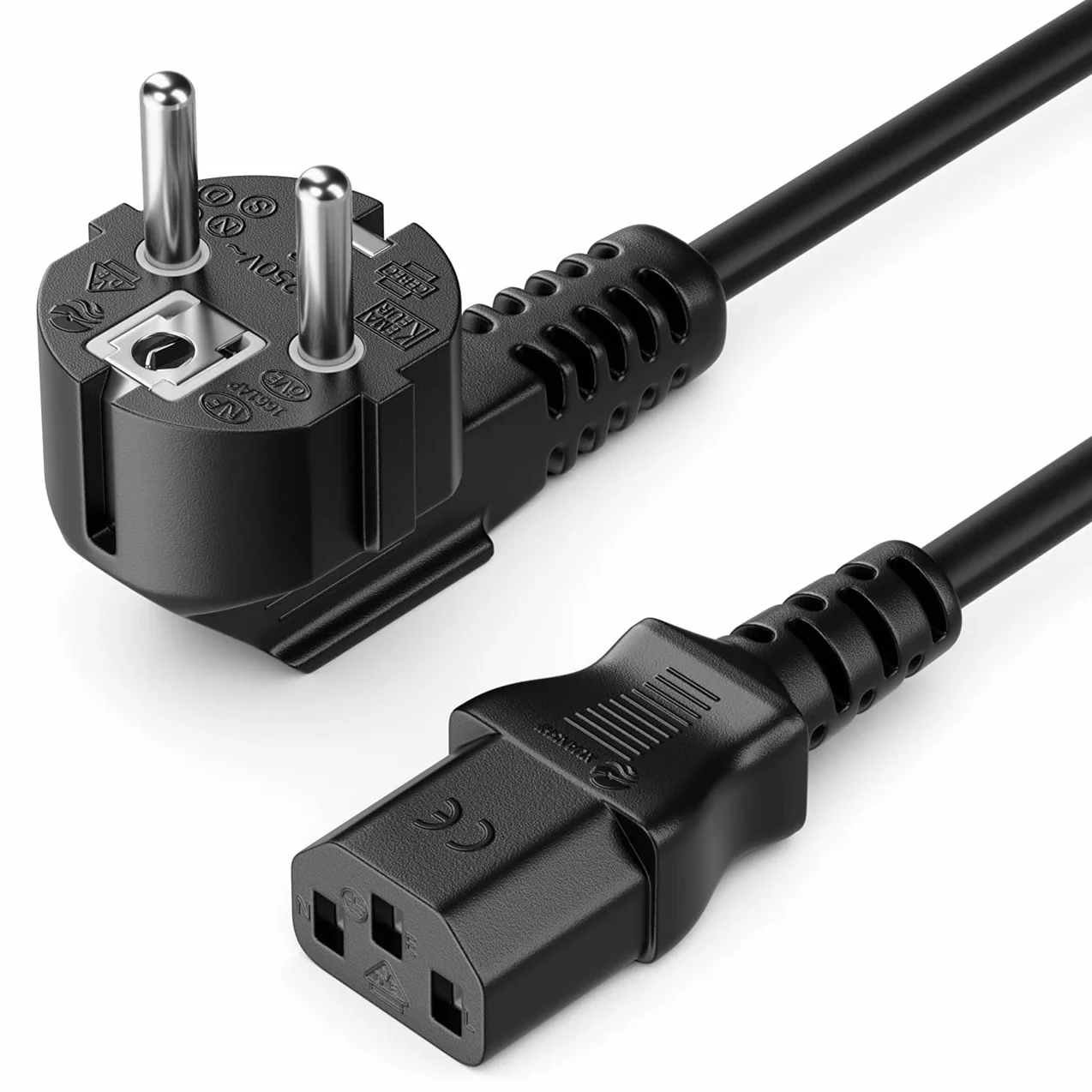 deleyCON 3,0m Kabel Zasilający Przewód Sieciowy Wtyk Ochronny Typ F (CEE 7/7) 90° Kątowy na Gniazdo C13 PC Komputer Monitor Drukarka Projektor - Czarny