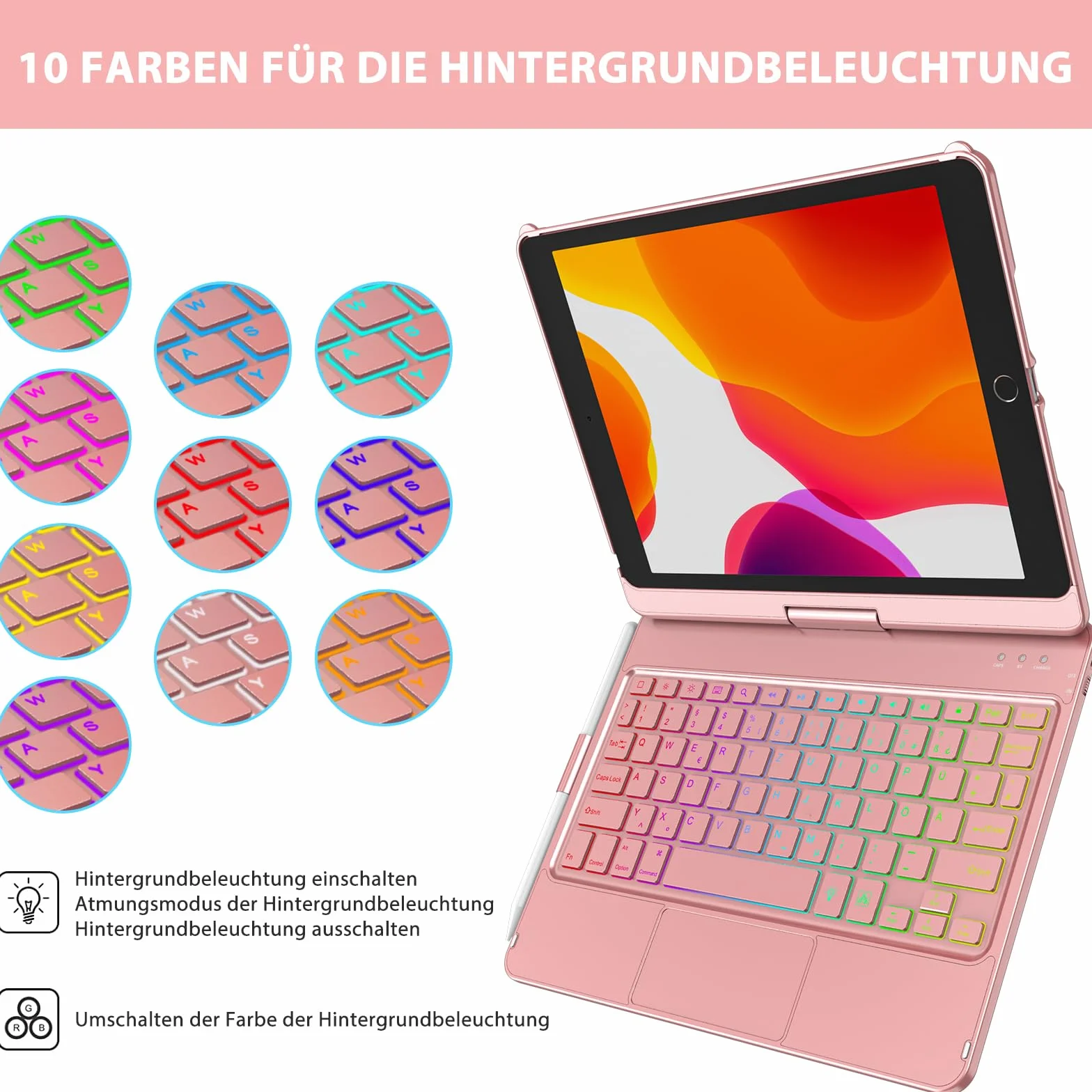 Etui na klawiaturę do iPada 10,2", do iPada 9/8/7 generacji, touchpad 360°, etui z klapką, smukłe etui, bezprzewodowe etui na klawiaturę Bluetooth, 7 podświetleń, funkcja automatycznego uśpienia