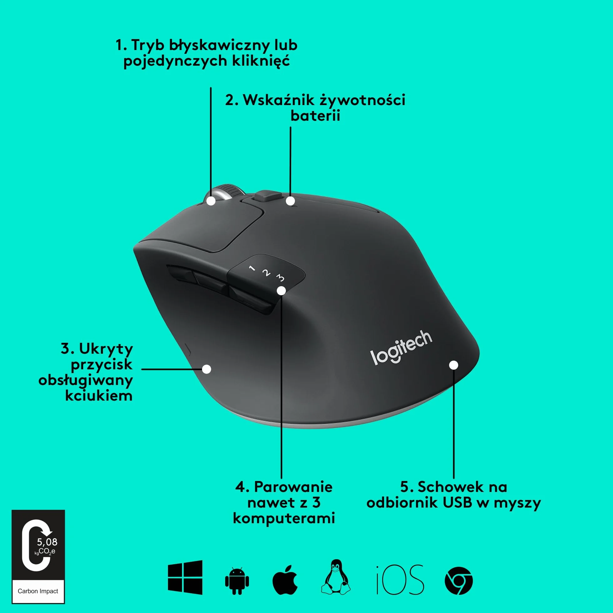 Logitech M720 Triathlon, Mysz bezprzewodowa Multi-Device, Bluetooth, uniwersalny odbiornik USB, 1000 DPI, 6 programowalnych przycisków, bateria do 2 lat, laptop/PC/Mac/iPadOS - Szary