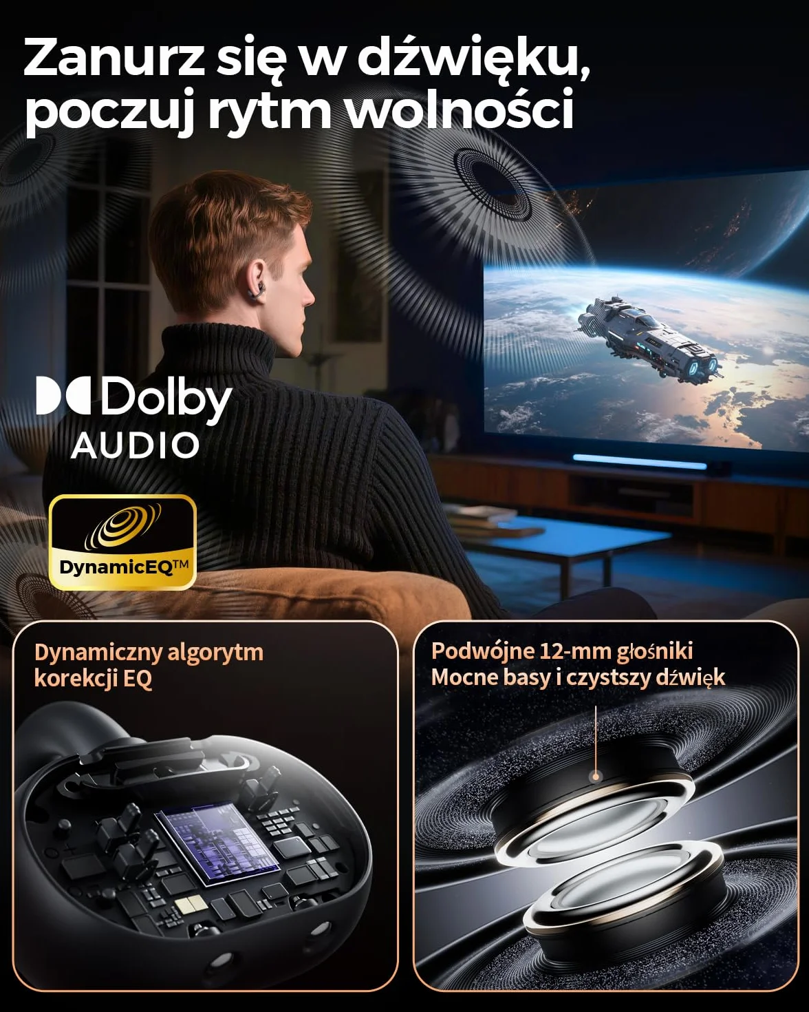 SOUNDPEATS Clip1 Bezprzewodowe Słuchawki z Klipsem Otwartym, Dolby Audio Hi-Res LDAC, Bluetooth 5.4, IPX5, Czarny