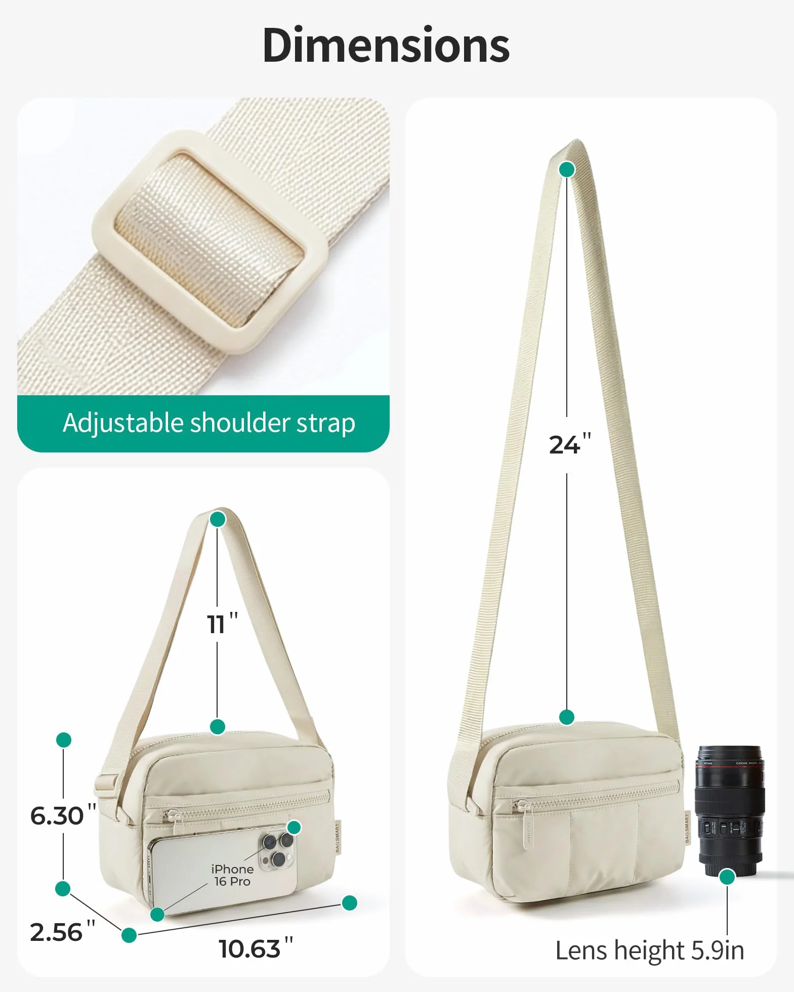 bagsmart Torba na aparat DSLR SLR, mała, lekka i stylowa torba na ramię, lustrzanka, akcesoria, wielbłąd, moda