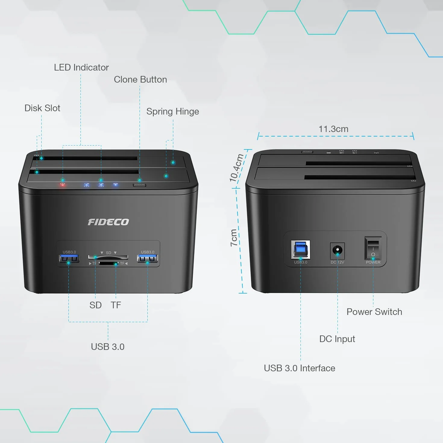 FIDECO Stacje Dokujące do Dysków Twardych, usb 3.0 Zewnętrzny Dysk Twardy Stacja Dokująca dla 2.5''/3.5'' SATA HDD oraz SSD, Obsługa klonowania offline, czytnika kart TF i SD