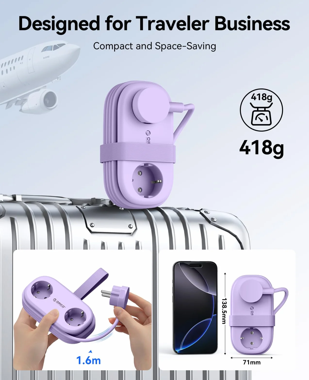 ORICO GaN listwa zasilająca 65 W z USB C, 6 w 1, listwa zasilająca do szybkiego ładowania z 4 USB, przedłużacz o długości 1,6 m, do MacBooka, iPada, telefonu komórkowego, podróży – AP3, fioletowy