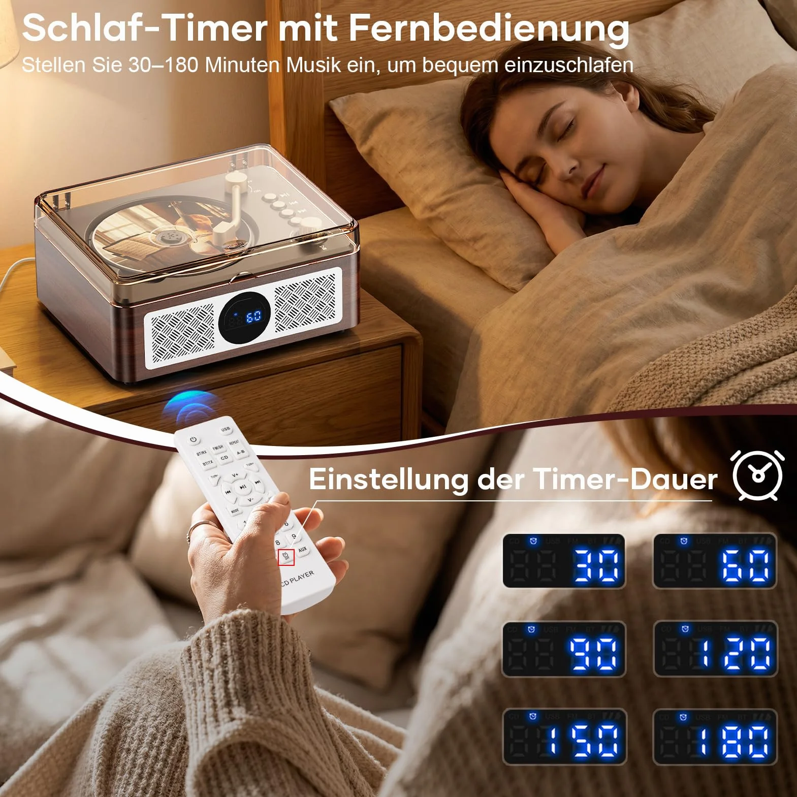 Przenośny odtwarzacz CD Bluetooth z głośnikiem – Lehwey Retro odtwarzacz CD z radiem FM, dźwięk stereo, obsługuje odtwarzanie USB/AUX, odtwarzacz CD w stylu vintage, z pilotem zdalnego sterowania
