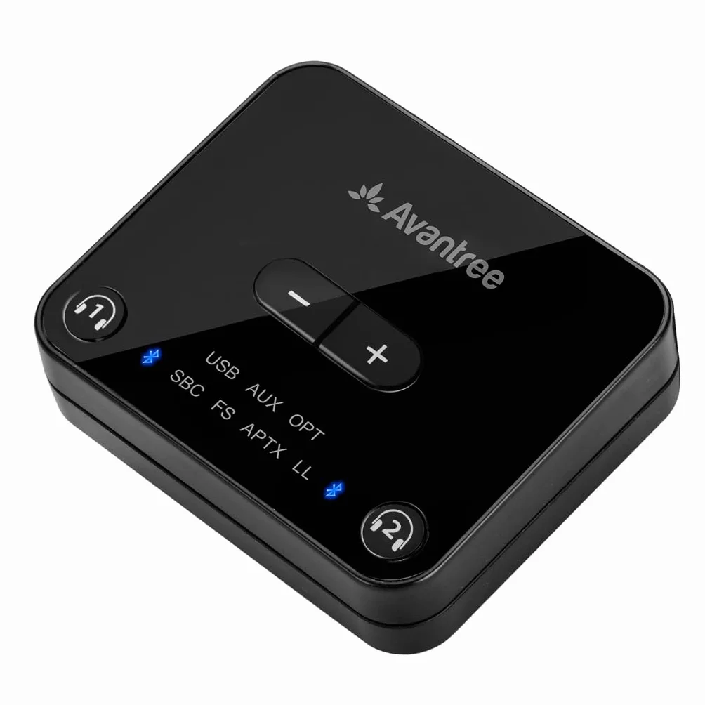 Avantree Audikast Plus - nadajnik audio Bluetooth 5.3 do telewizora ze zwiększoną głośnością optyczną, niskim opóźnieniem i adaptacją aptX, rozszerzonym zasięgiem 30 metrów, podwójnym łączem
