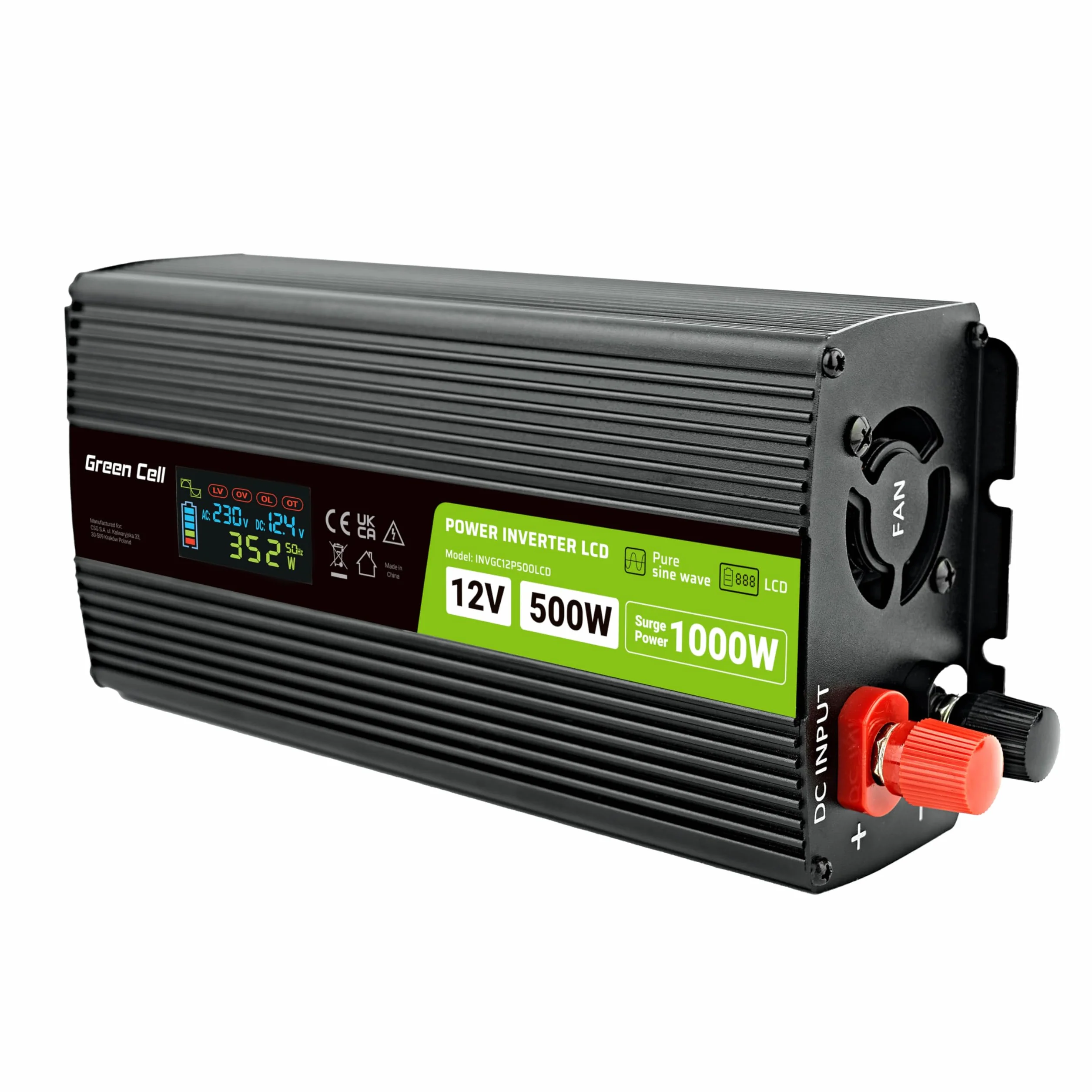 Green Cell Przetwornica napięcia LCD 500 W/1000 W 12 V do 230 V Czysty konwerter napięcia sinusoidalnego PowerInverter DC AC Karawana przetwornica napięcia sinusoidalnego
