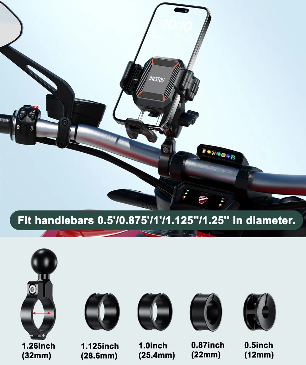 iMESTOU Motocyklowy bezprzewodowy uchwyt na telefon USB C, antywibracyjny, antykradzieżowy, kulkowy uchwyt Qi, pasuje do telefonów o grubości do 15 mm, pasuje do kierownic 22-32 mm, pasuje do pojazdów
