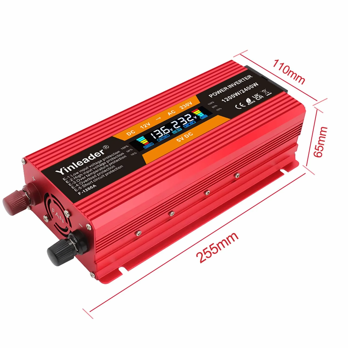Yinleader Przetwornica napięcia 1200 W 2400 W 12 V 230 V falownik Dual USB Power Inverter z wyświetlaczem LCD czerwony