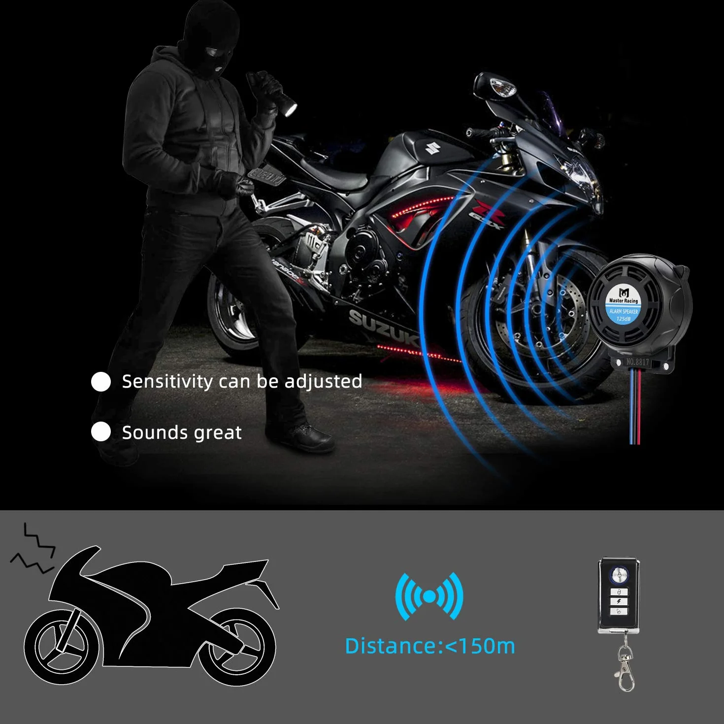 System alarmowy do motocykla 12 V wodoszczelny z 2 pilotami zdalnego sterowania