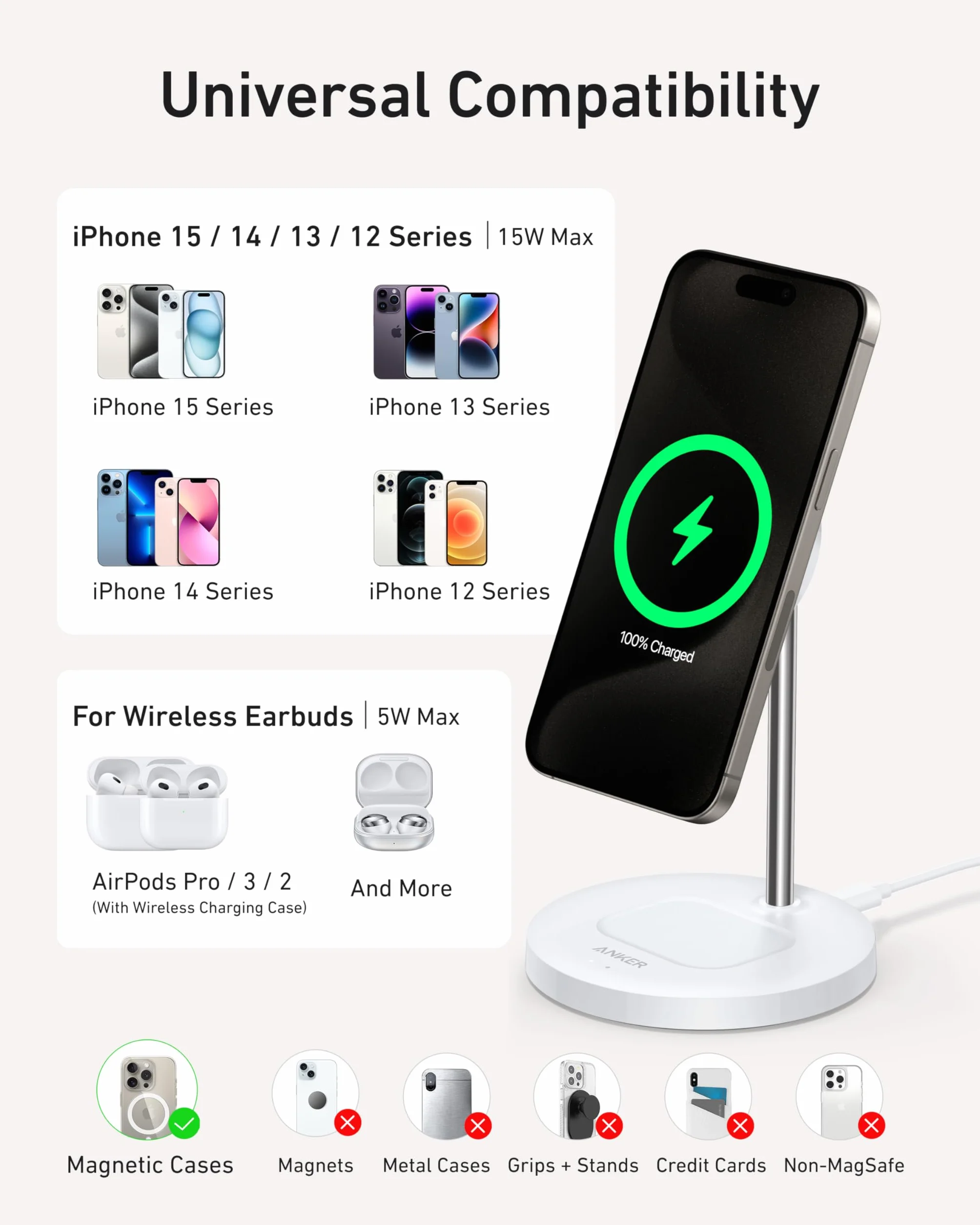 Anker MagGo indukcyjna stacja ładująca 2 w 1, 15W, kompatybilna z MagSafe, bezprzewodowa ładowarka Qi2 do iPhone 15/14/13/12, AirPods Pro, z kablem USB C 1,5 m (Biały)