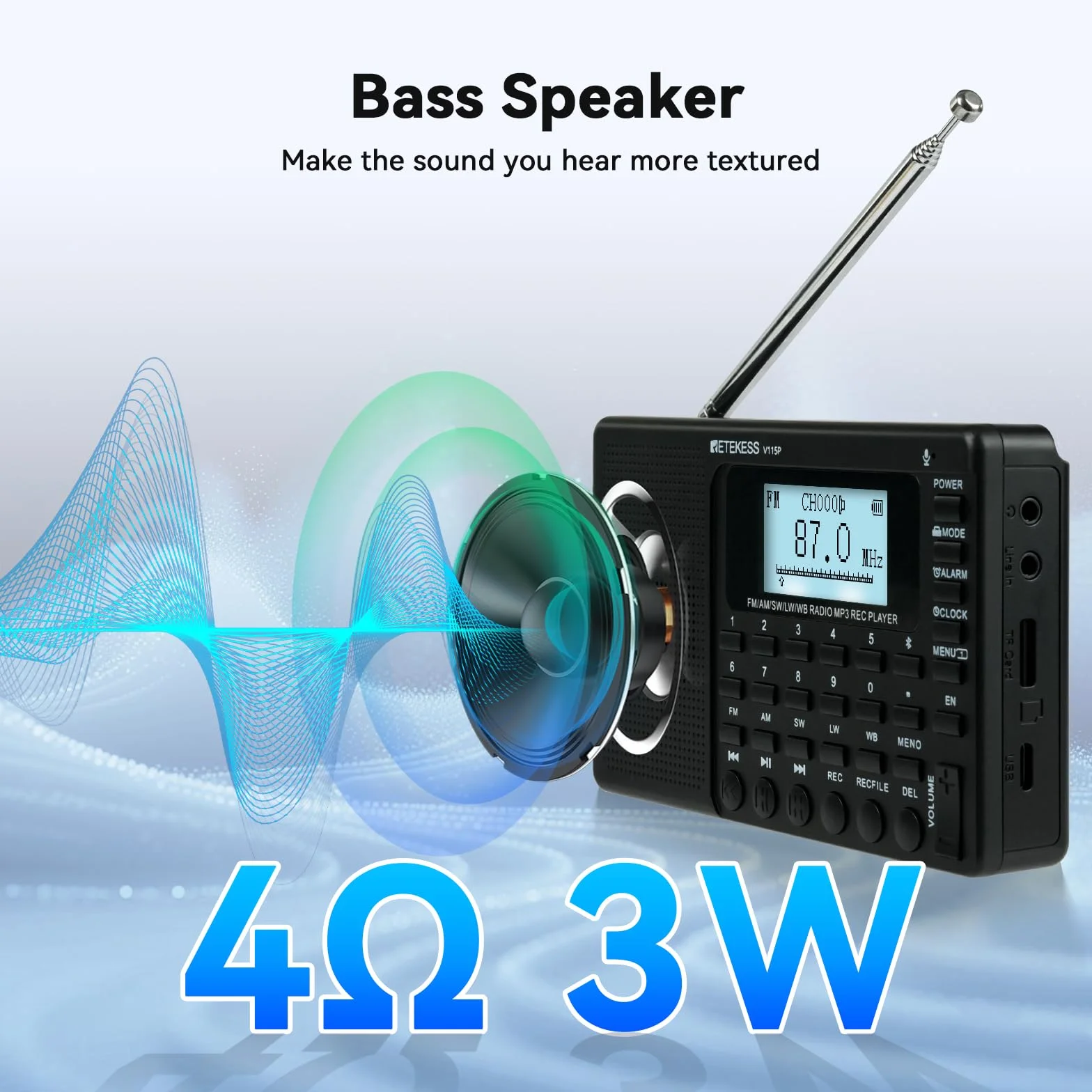 Retekess V115P Przenośne Radio, AM FM SW, akumulator 1800 mAh, wejście TF/AUX, nagrywanie, latarka, timer uśpienia, budzik, odpowiednie na wypadek sytuacji awaryjnych, na kemping