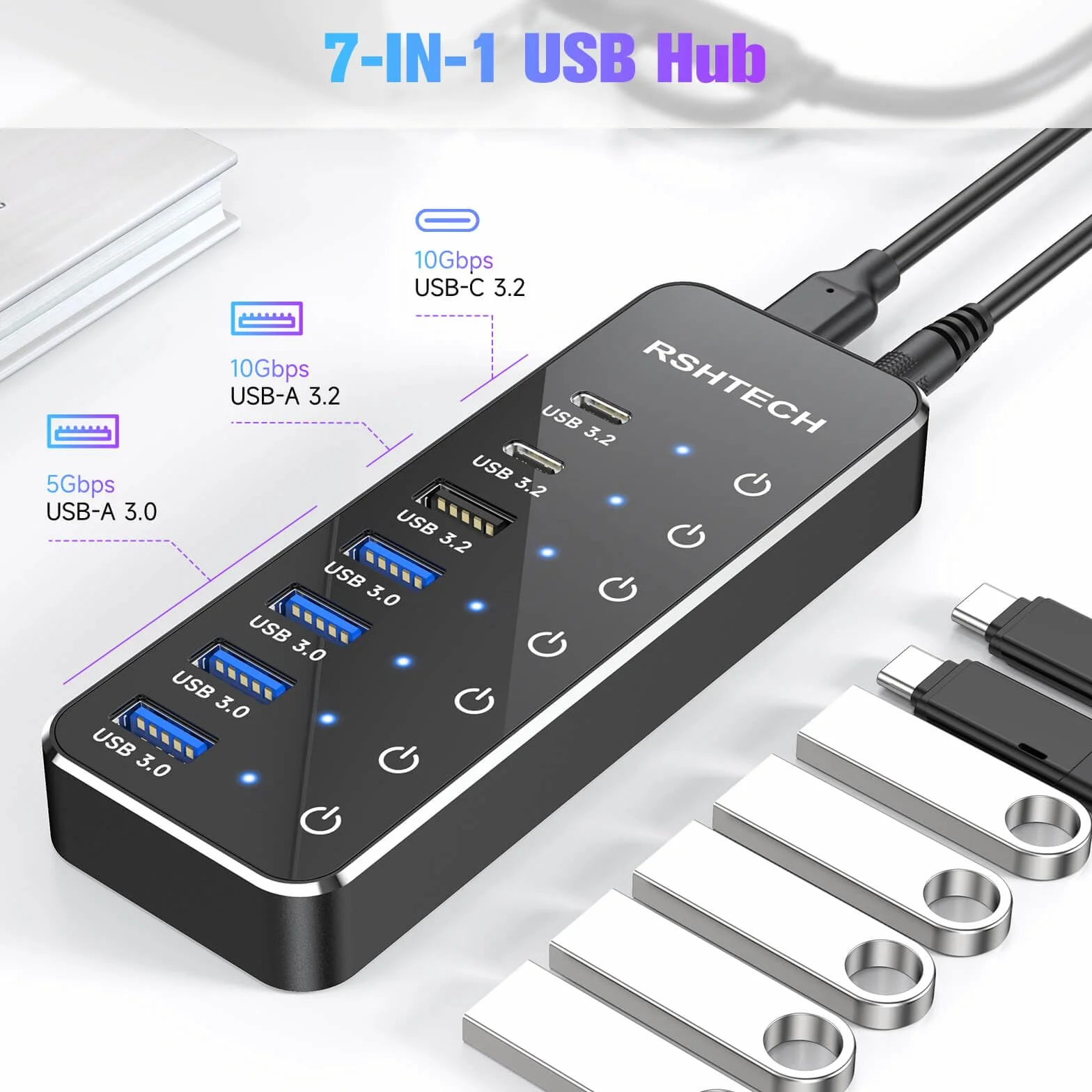 USB C 3.2 Hub Aktywny z zasilaczem, RSHTECH 7-portowy USB 3.1 Gen2 Hub z 3 * 10Gbps portami danych (Typ-A, 2 * Typ-C), 4 * portami Typ-A 3.0 5Gbps, przełącznik dotykowy, kabel danych 2-w-1 (100cm