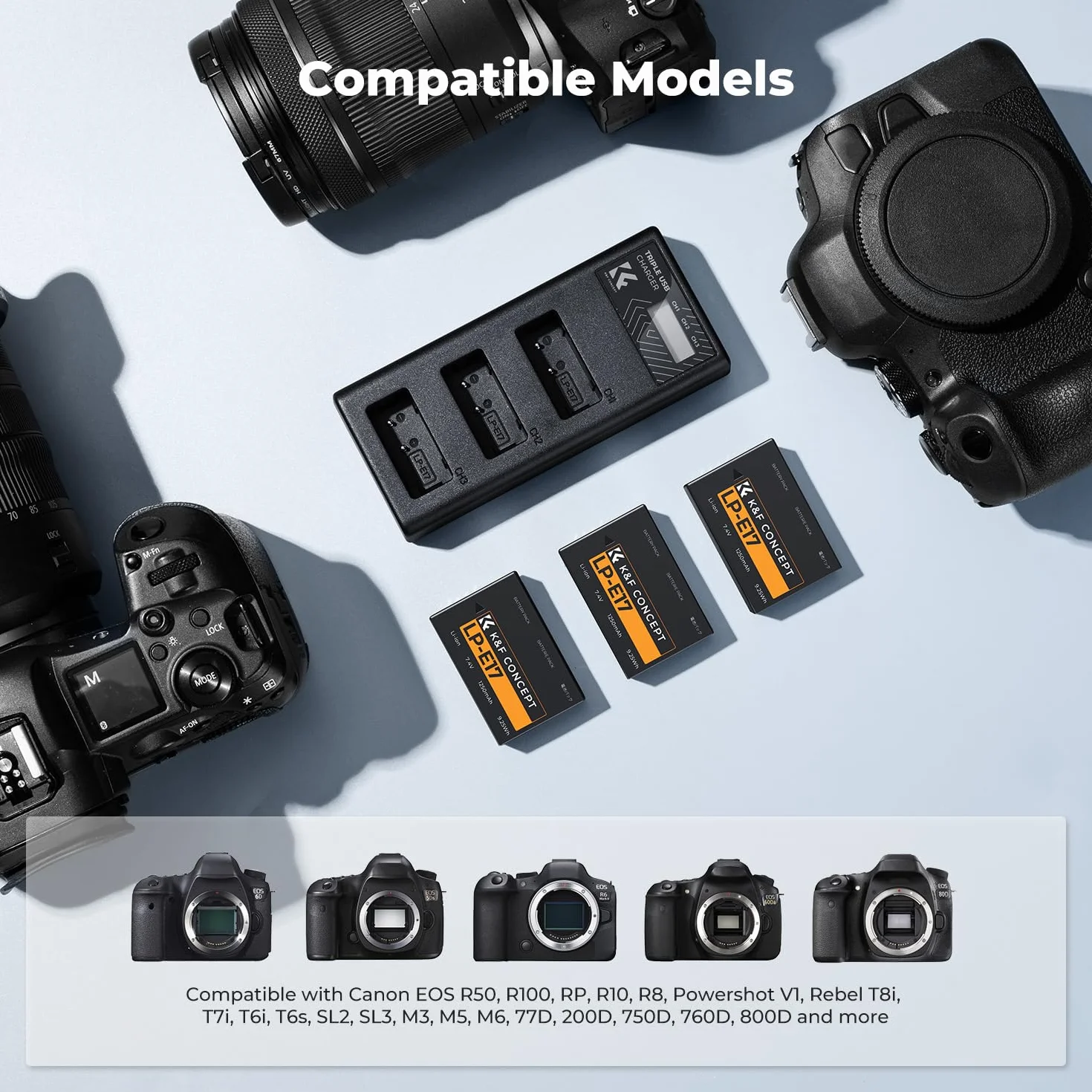 Zestaw 3 akumulatorów K&F CONCEPT LP-E17 o pojemności 1250 mAh i ulepszona ładowarka LCD z 3 gniazdami, kompatybilne z aparatami Canon EOS RP, EOS R10, EOS R8, EOS R50, Rebel T8i, T7i, T6i, SL2, SL3,