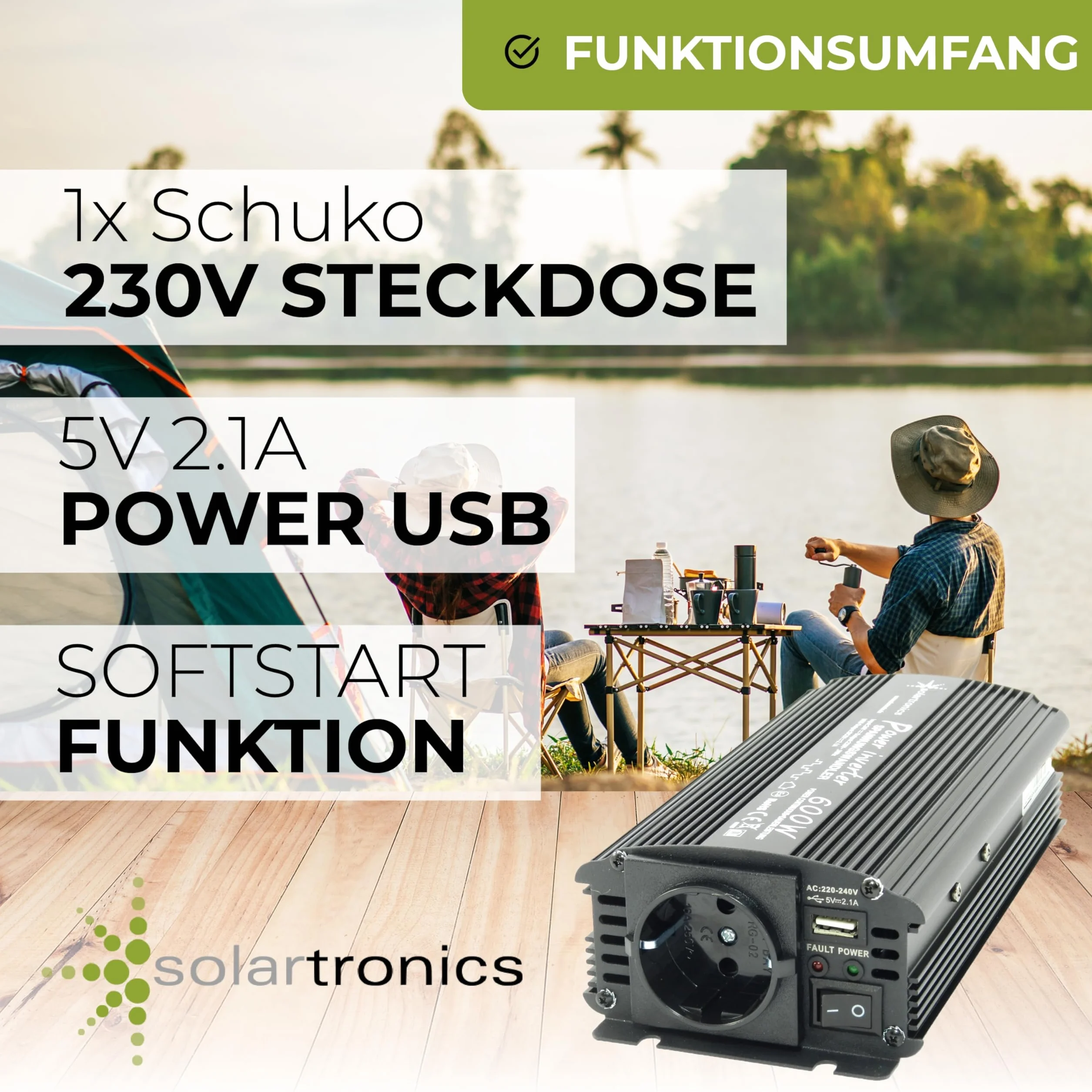 SOLARTRONICS Przetwornica napięcia NM600 12 V 600 W czarna - moc szczytowa 1200 W - falownik 12 V na 230 V - kompatybilny z bateriami ołowiowymi lub AGM - ze złączem Schuko i USB