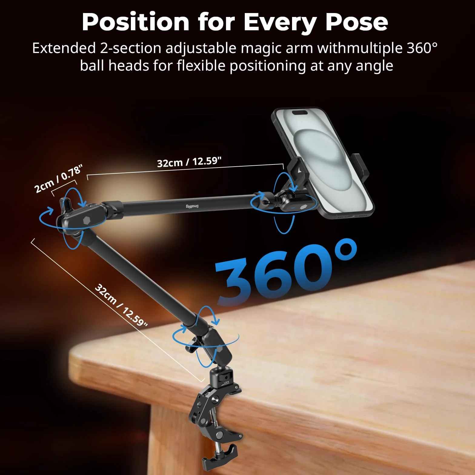 SMALLRIG Ramię Magic Arm 22,4" z zaciskiem Super Clamp, uchwyt na telefon nad głową, elastyczny uchwyt na biurko ze śrubą 1/4" i zaciskiem kablowym, maks. obciążenie 2,2 funta, do iPhone'a - 5625