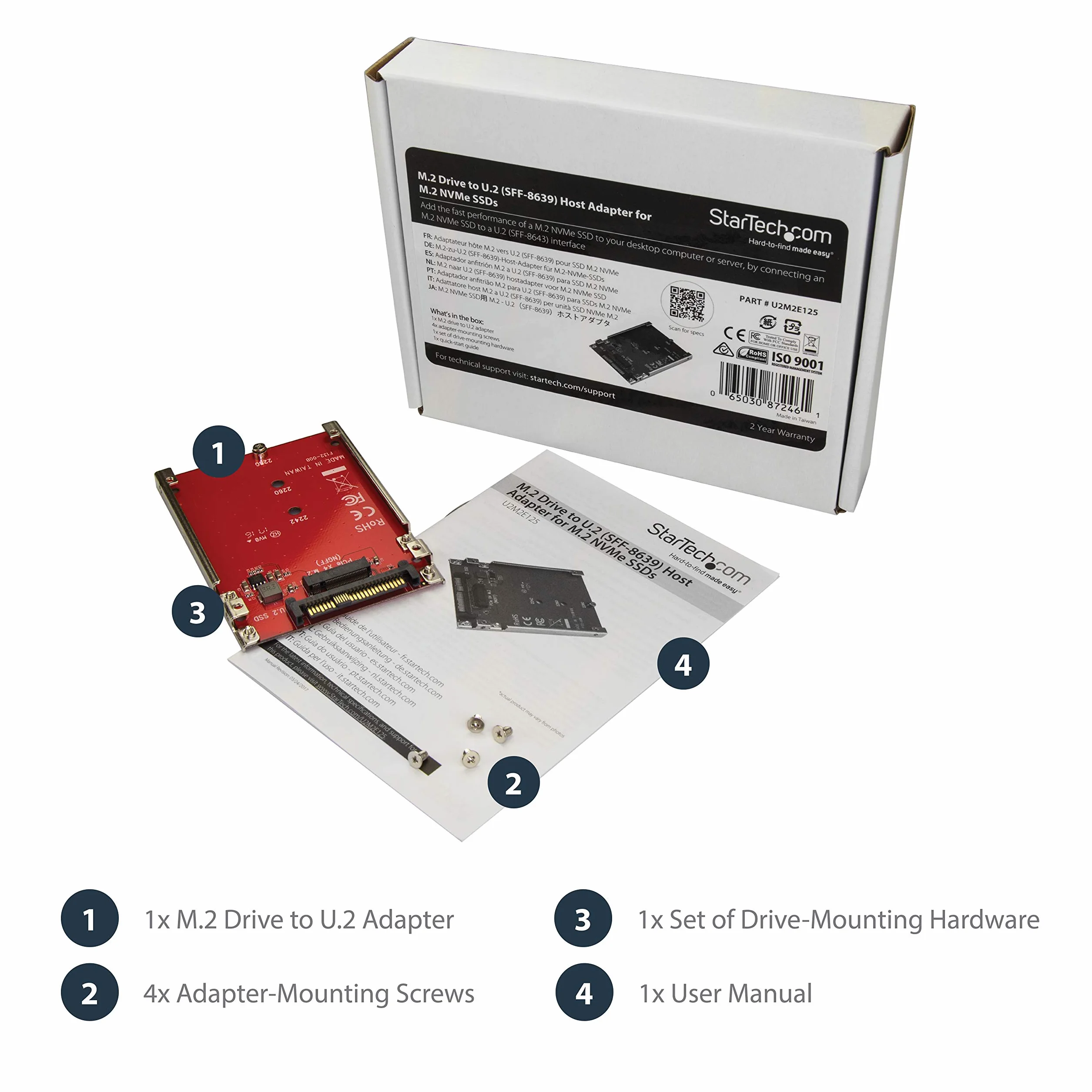 StarTech.com Adapter M.2 do U.2, dla SSD M.2 PCIe NVMe, Adapter PCIe M.2 do 2.5" U.2 (SFF-8639), Konwerter SSD M2, Czerwony (U2M2E125)