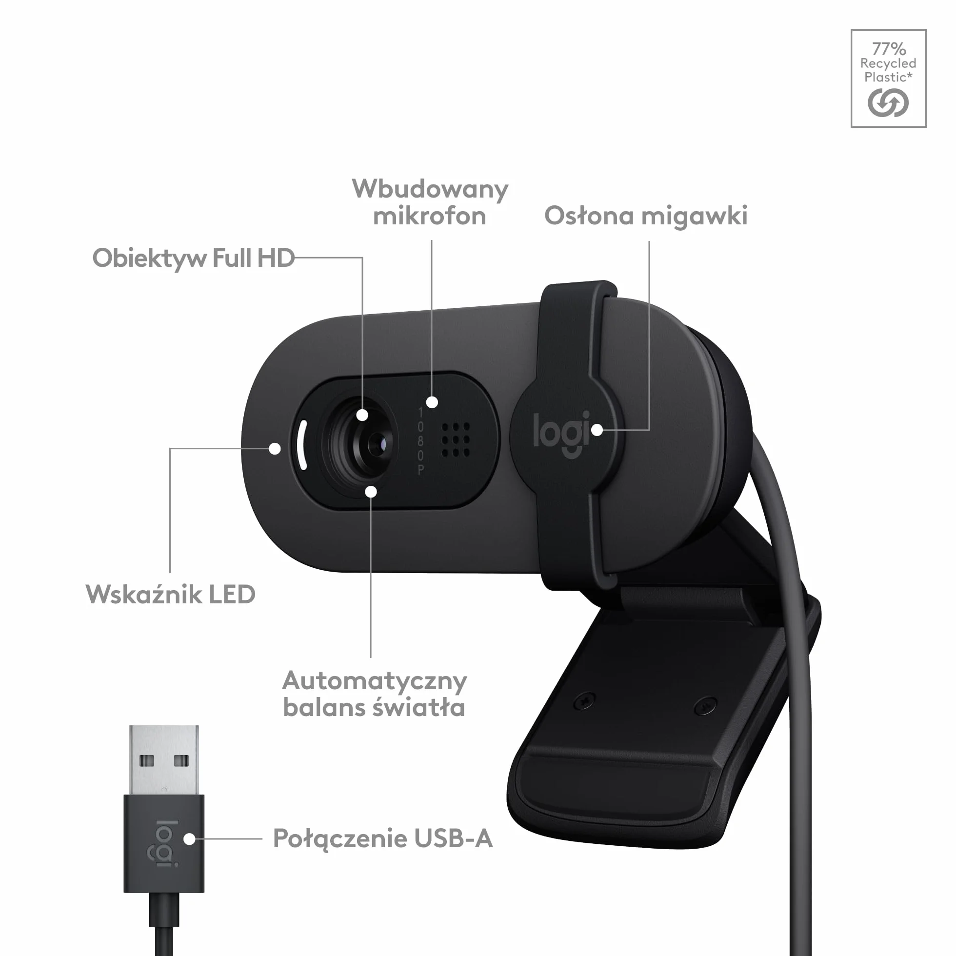 Logitech Brio 100 Full HD Kamera do spotkań i streamowania, automatyczny balans światła, wbudowany mikrofon, osłona migawki, USB-A, do Microsoft Teams, Google Meet, Zoom i innych - Grafit