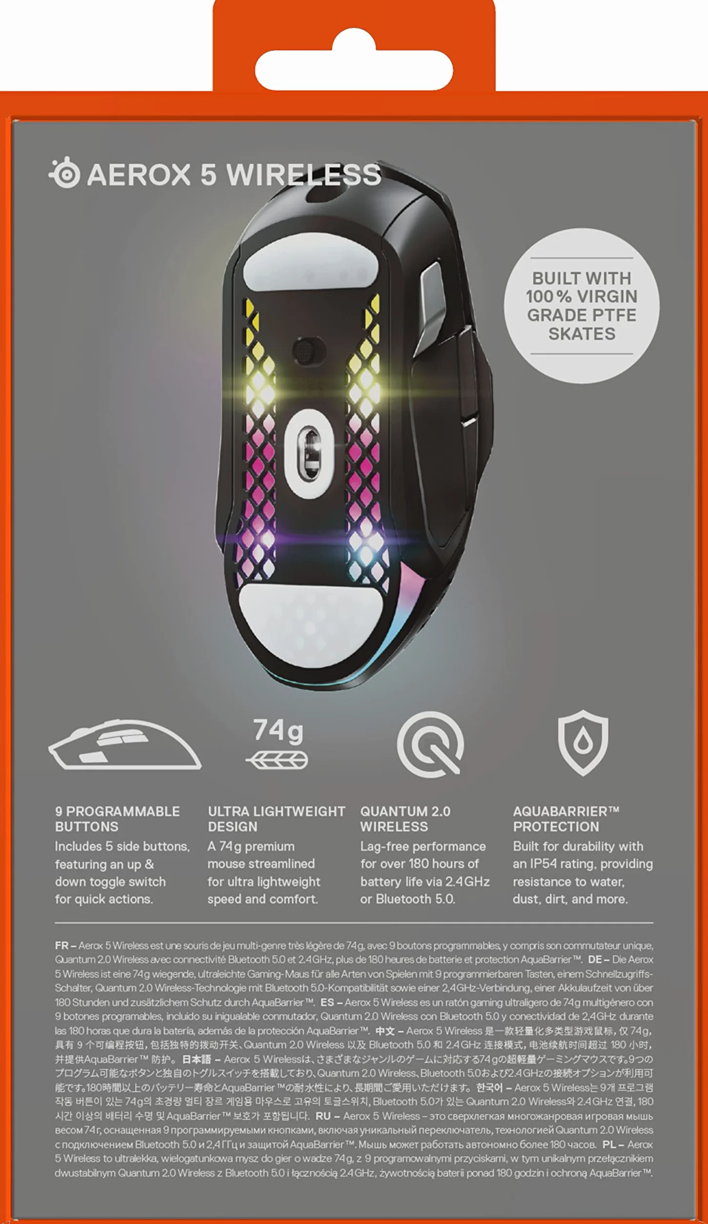 SteelSeries Aerox 5 Wireless Mysz do gier RGB Ultralekka Wodoodporna 9 przycisków Bluetooth 2,4 GHz Sensor TrueMove Air 18K DPI