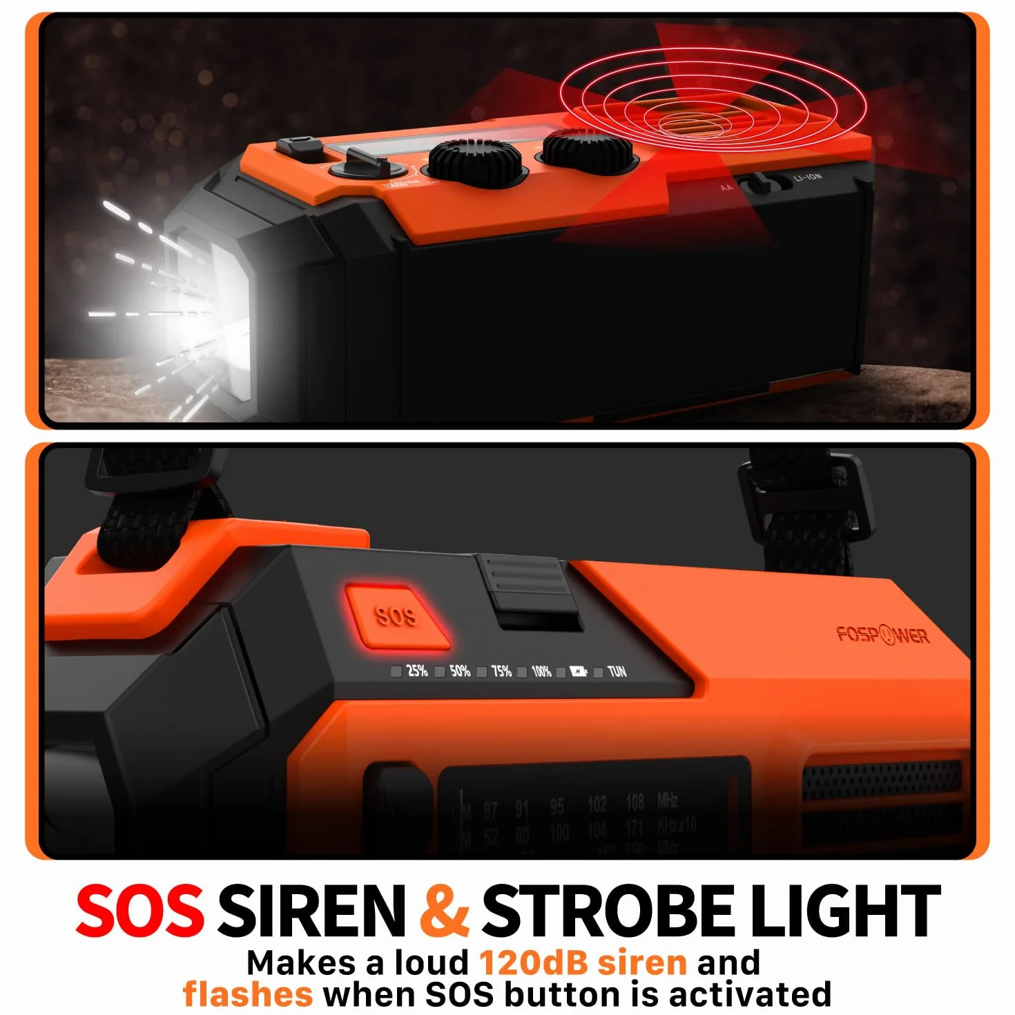 FosPower Awaryjne radio pogodowe (model A6) NOAA/AM/FM z przenośnym powerbankiem 18500 mWh, ładowanie USB/słoneczne/korbą ręczną, zasilanie bateryjne, alarm SOS i latarka do awaryjnego użytku wewnątrz