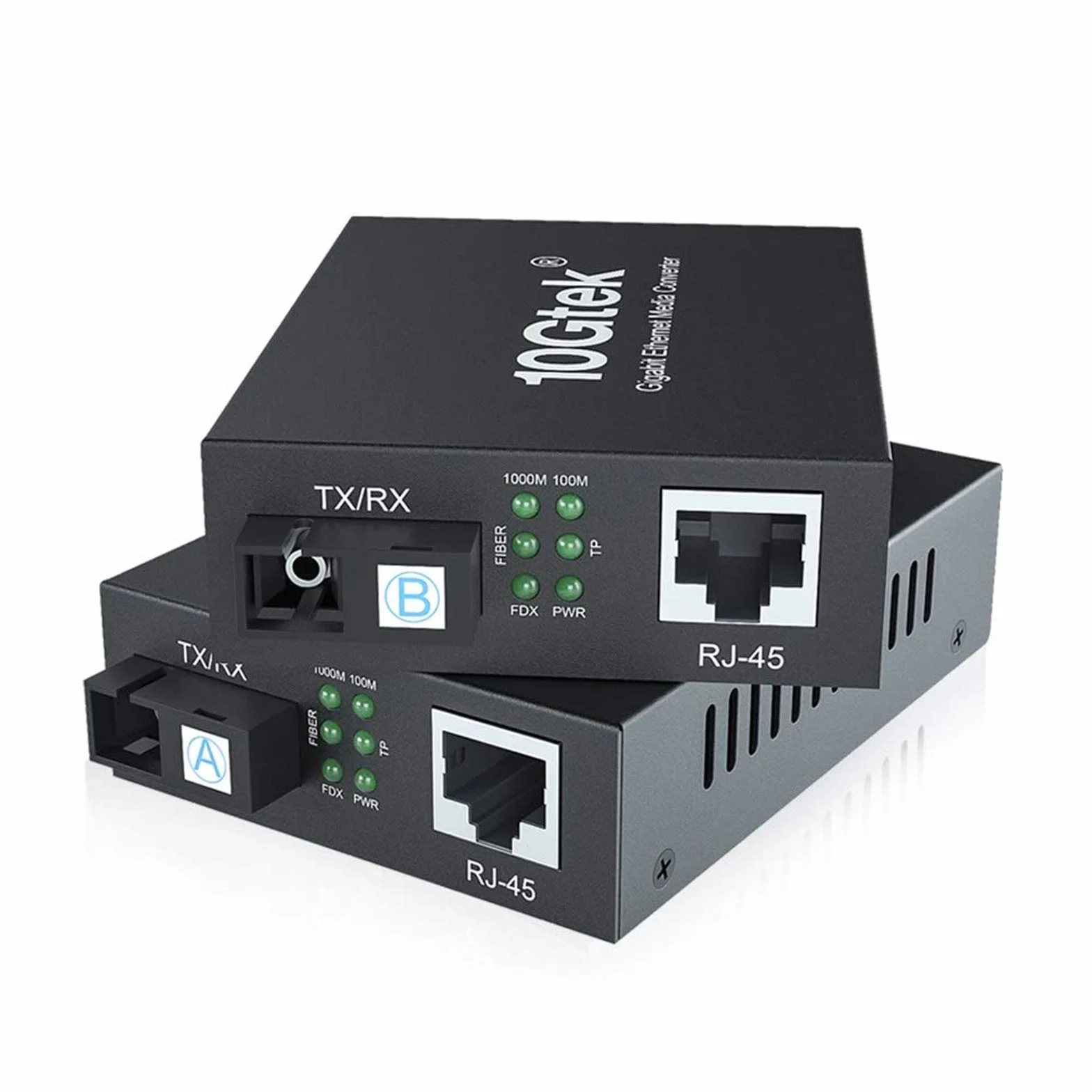 a pair of Gigabit Ethernet Media Converters with Built-in Bidi Singlemode Simplex SC Transceivers, 10/100/1000M RJ45 to 1000Base-LX, up to 20km, with European Power Supply