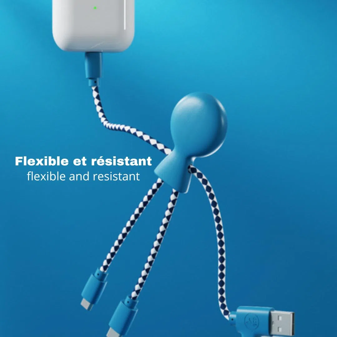 Xoopar Kabel Multi USB Mr Bio 4 w 1, trwały kabel USB, USB-C, micro USB, Lightning do Apple iPhone Samsung Google Huawey Xiaomi OnePlus LG Kindle (niebieski)