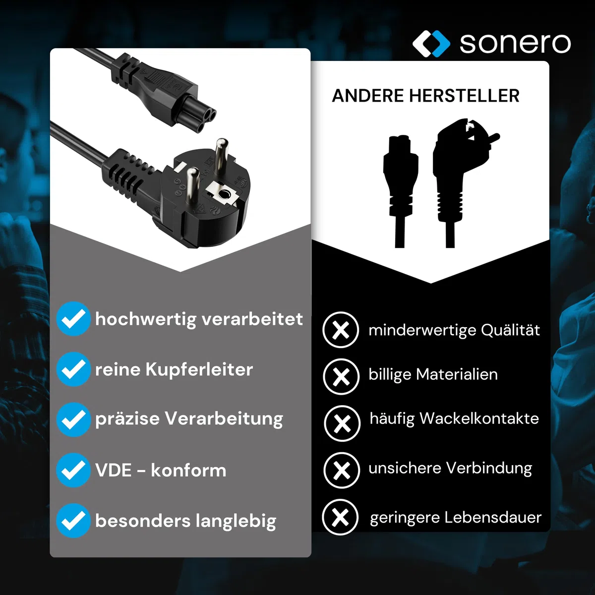 sonero Kabel zasilający 3-biegunowy, 1,0 m, wtyczka ze stykiem ochronnym, wtyczka sieciowa do gniazda C5, kabel sieciowy zasilacz sieciowy kabel zasilający do monitora PC laptopa, czarny