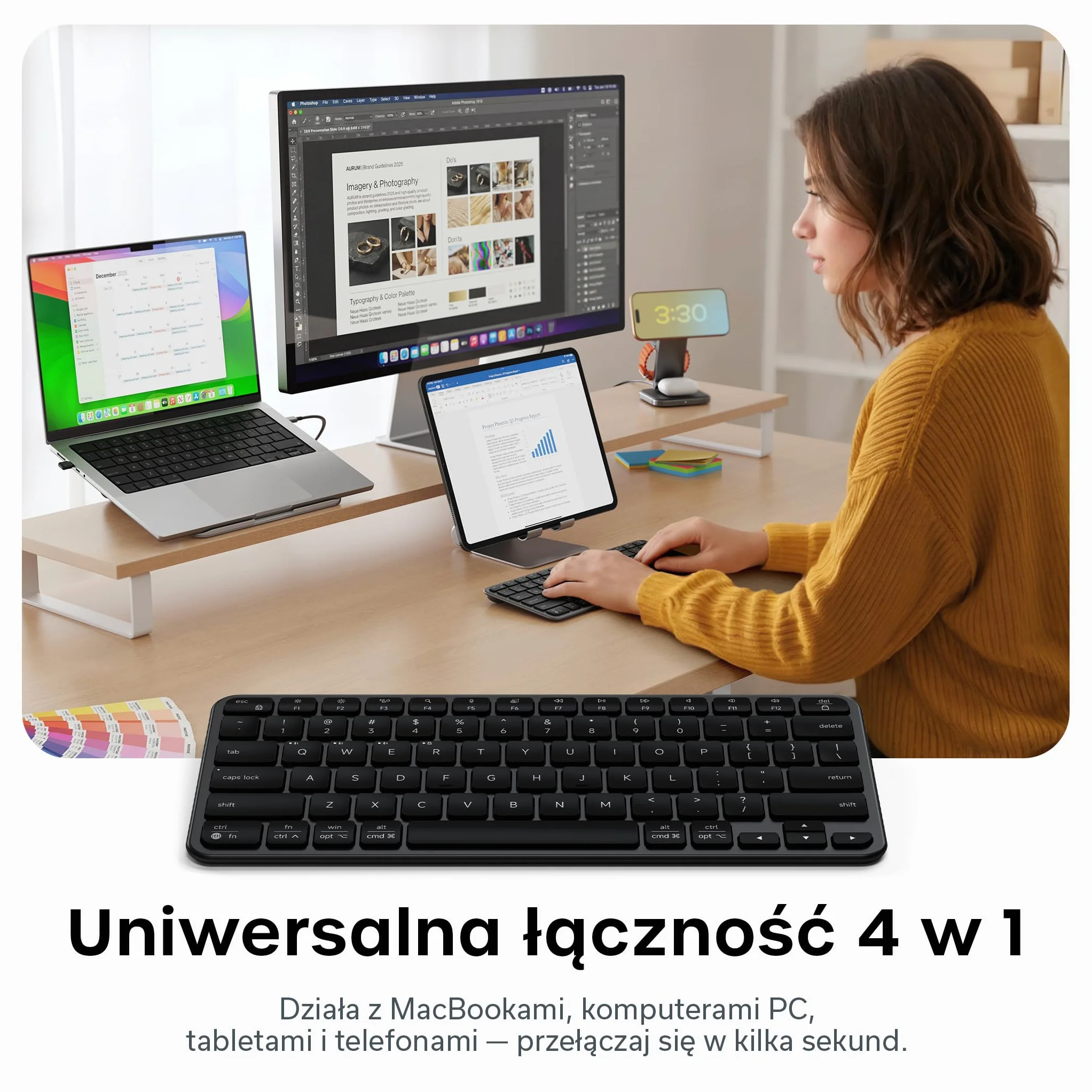 SATECHI Slim EX1 Klawiatura Bezprzewodowa, 𝗨𝗦 𝗤𝗪𝗘𝗥𝗧𝗬 𝗟𝗮𝘆𝗼𝘂𝘁, Kompaktowa do Mac, Windows i Android, 4 w 1 (Bluetooth + 2.4GHz), Szybki OS Remap, Akumulator USB-C – Czarna