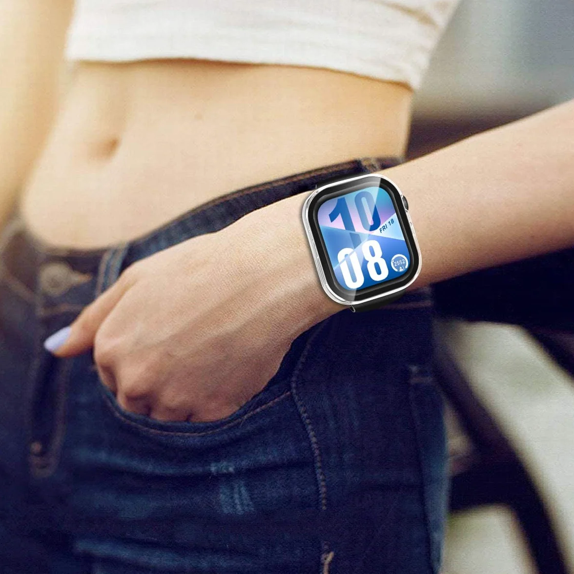 ivoler Twarde etui z poliwęglanu (PC) ze szklaną ochroną wyświetlacza do Huawei Watch Fit 4, pełne pokrycie, odporne na uderzenia, ultracienkie, HD przezroczyste, odporne na zarysowania, 2