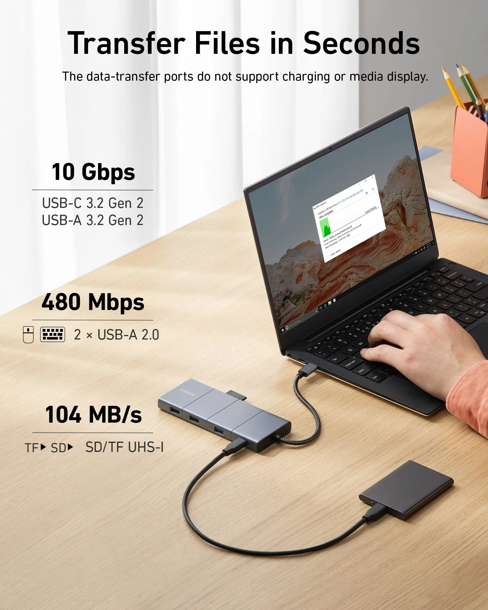 Anker Hub USB-C 565 11 w 1, 10 Gb/s, porty danych USB-C i USB-A, 4K HDMI, DisplayPort, 100 W PD, 2 dane USB 2.0, Ethernet, AUX, microSD i SD, odpowiedni do XPS i wielu innych